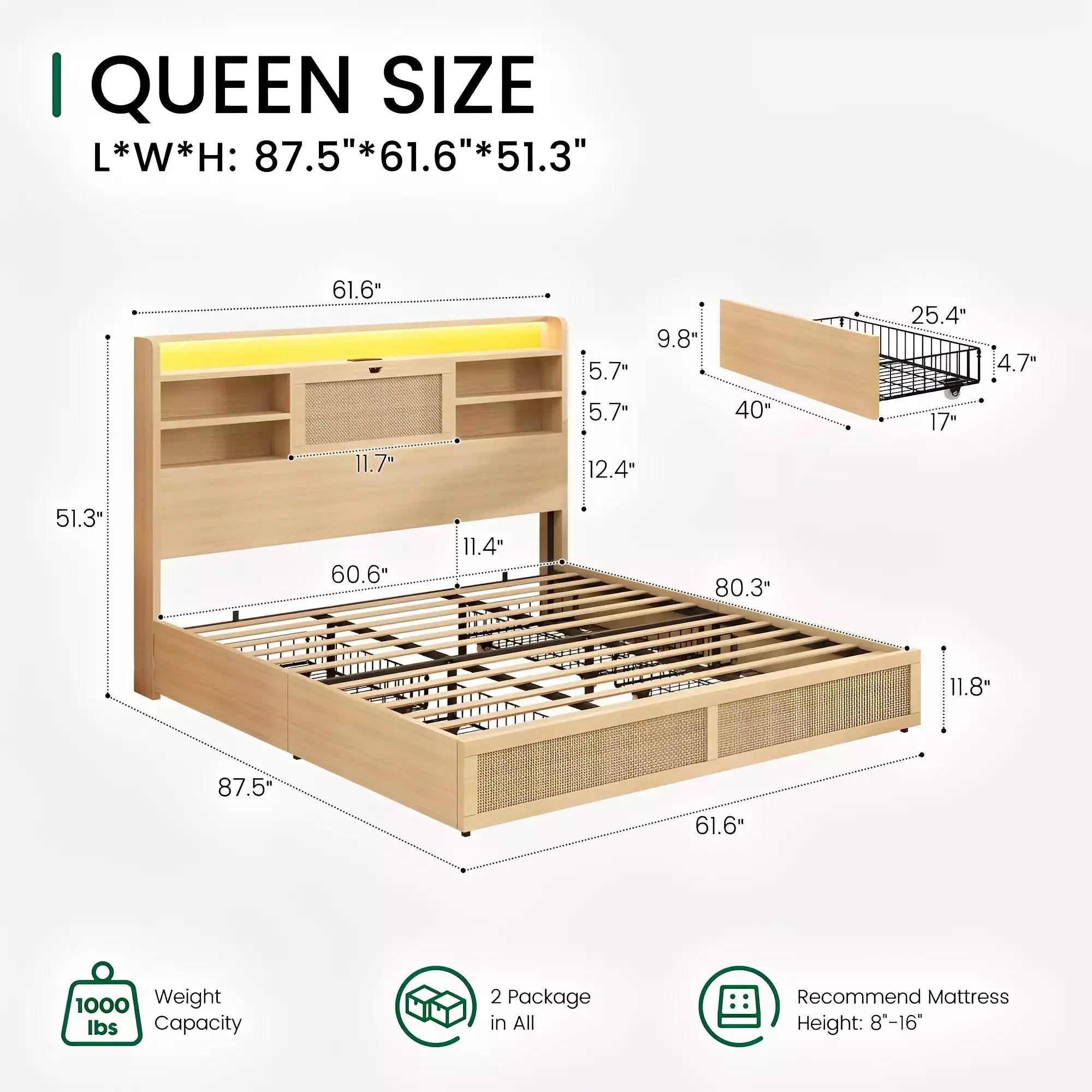 Boho Chic Rattan Storage Bookcase Bed Frame
