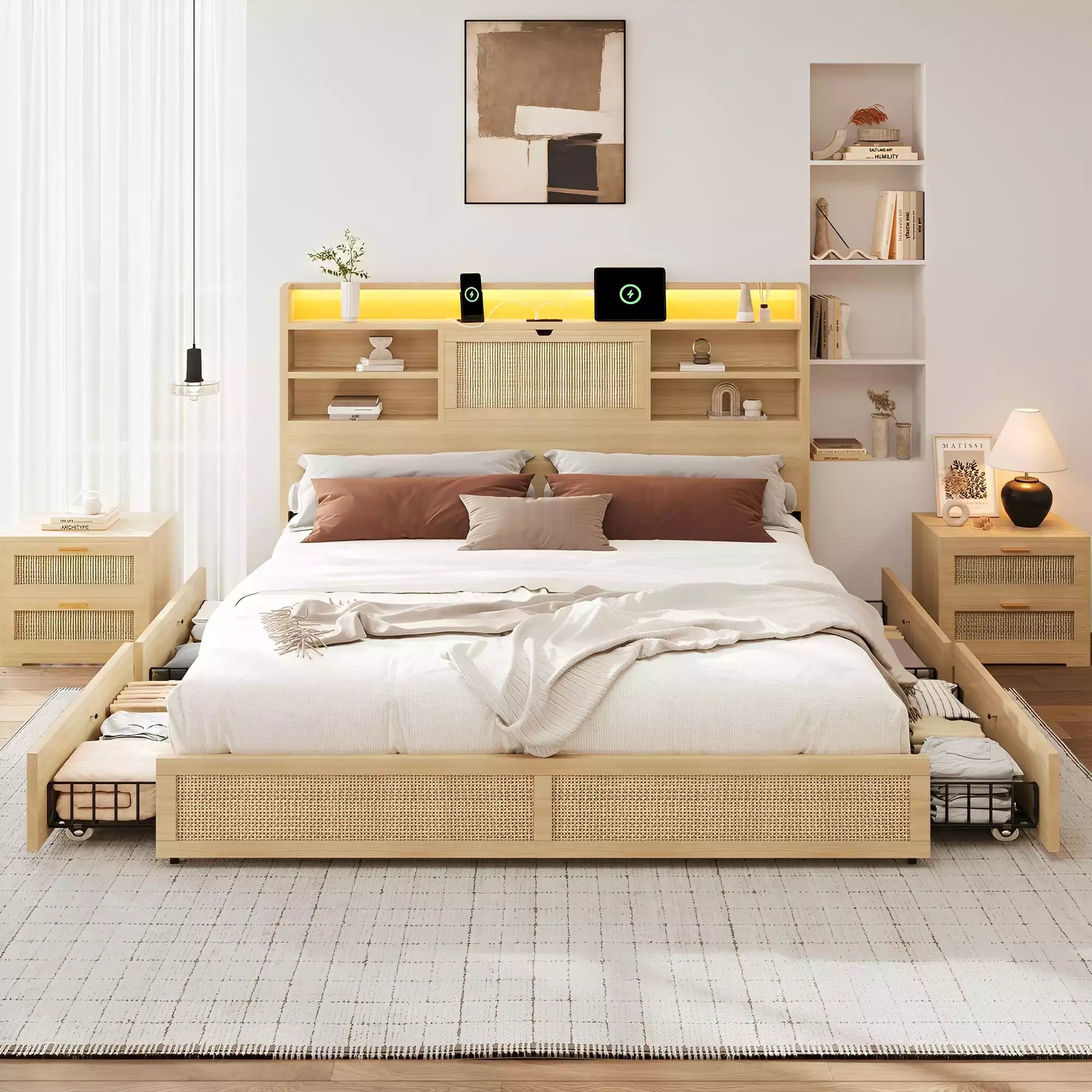 Boho Chic Rattan Storage Bookcase Bed Frame