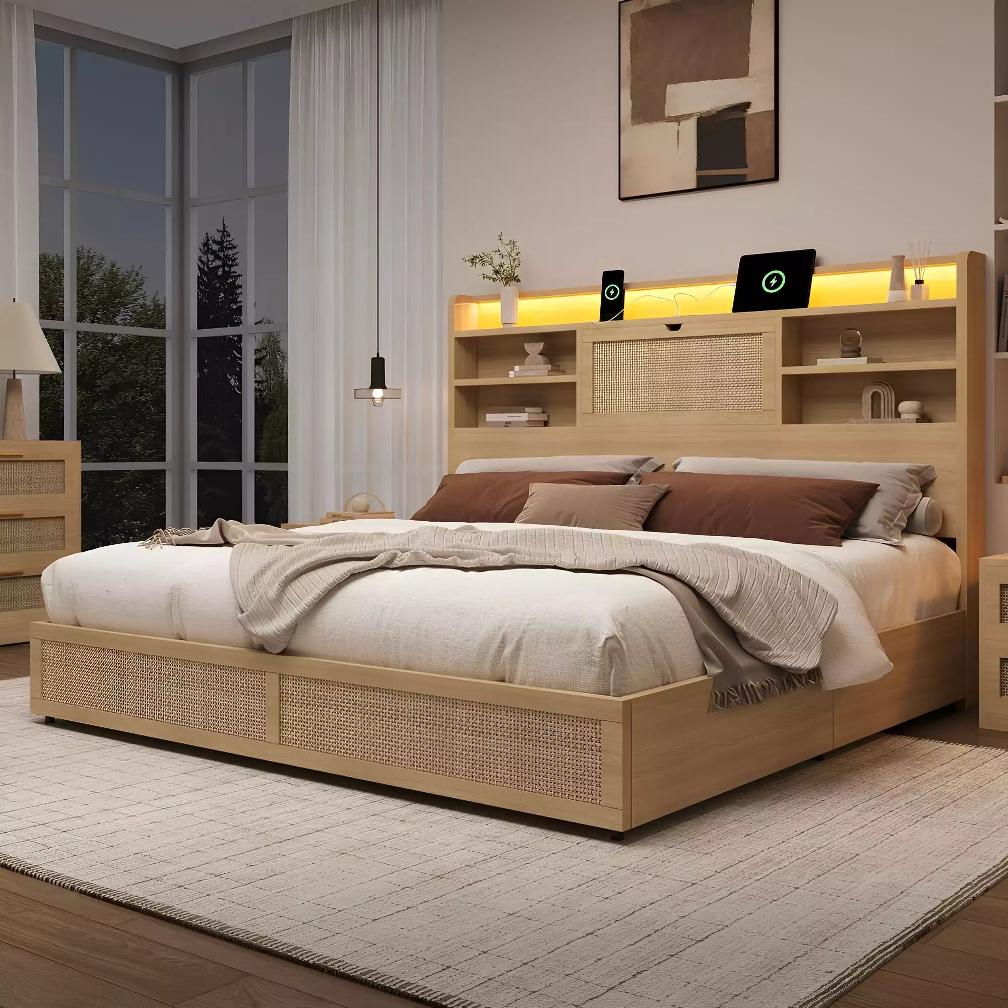 Boho Chic Rattan Storage Bookcase Bed Frame