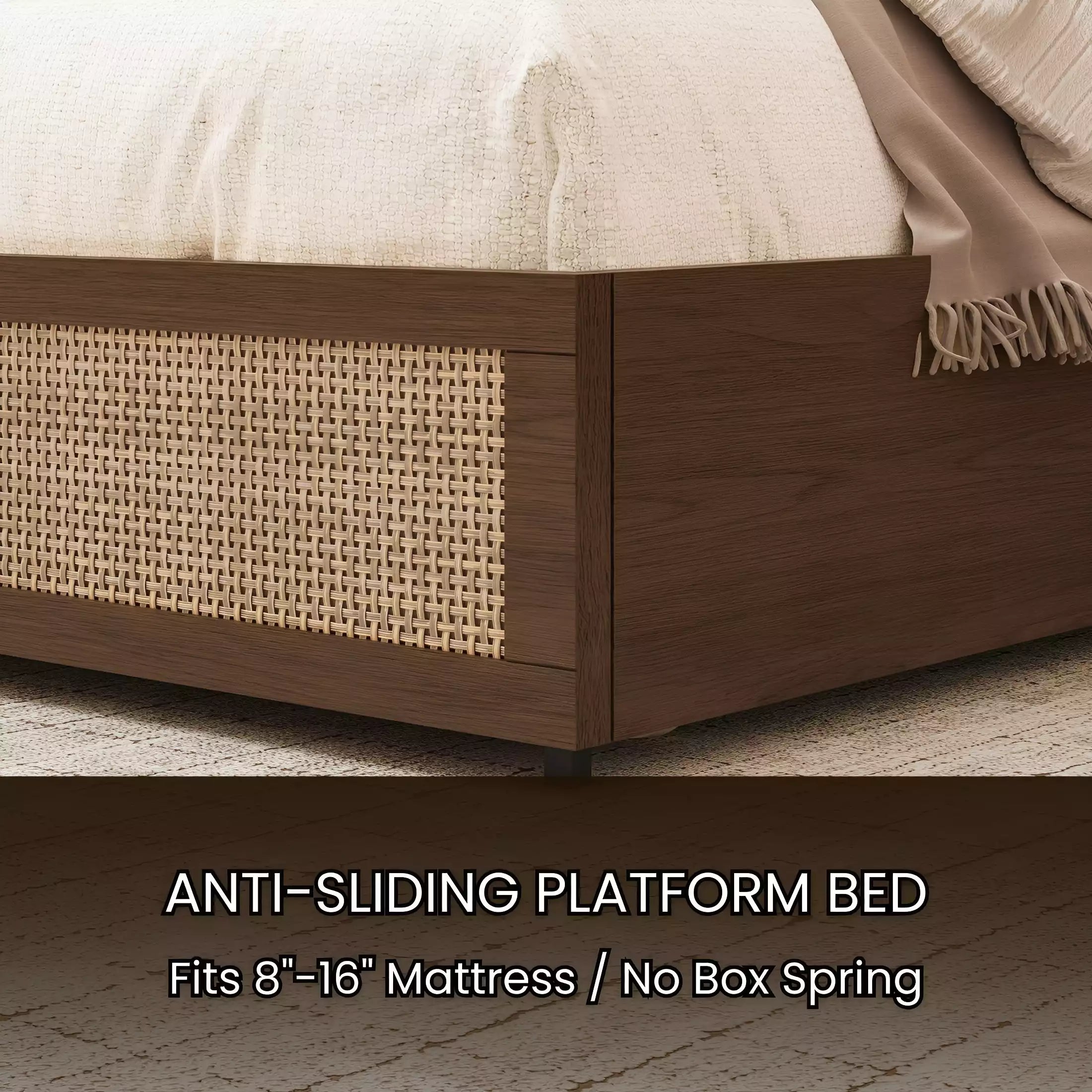 Boho Chic Rattan Storage Bookcase Bed Frame (Walnut)