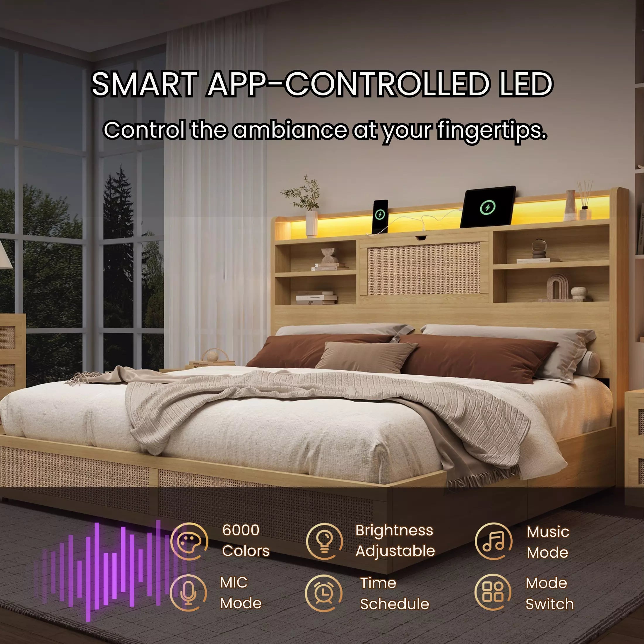 Boho Chic Rattan Storage Bookcase Bed Frame