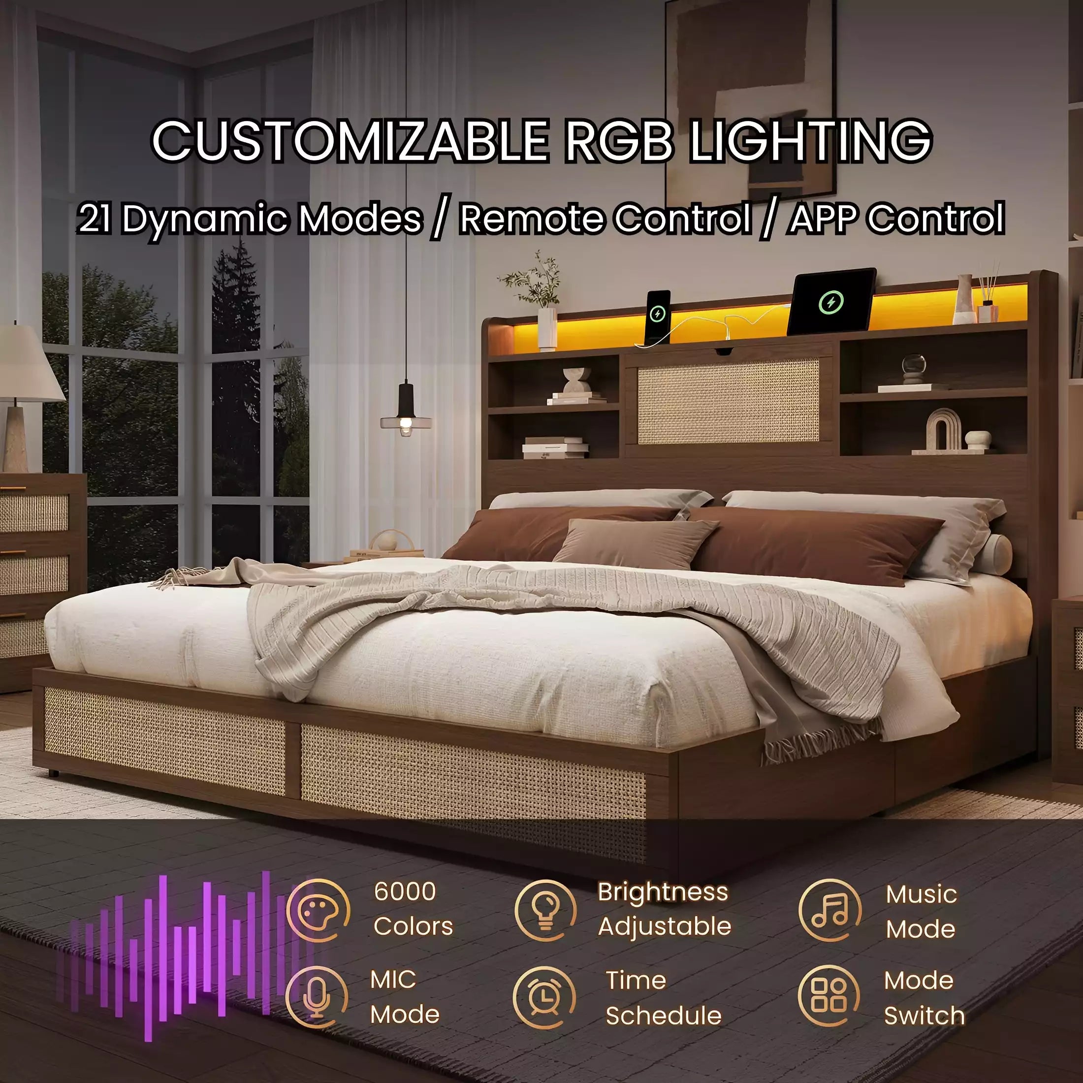 Boho Chic Rattan Storage Bookcase Bed Frame