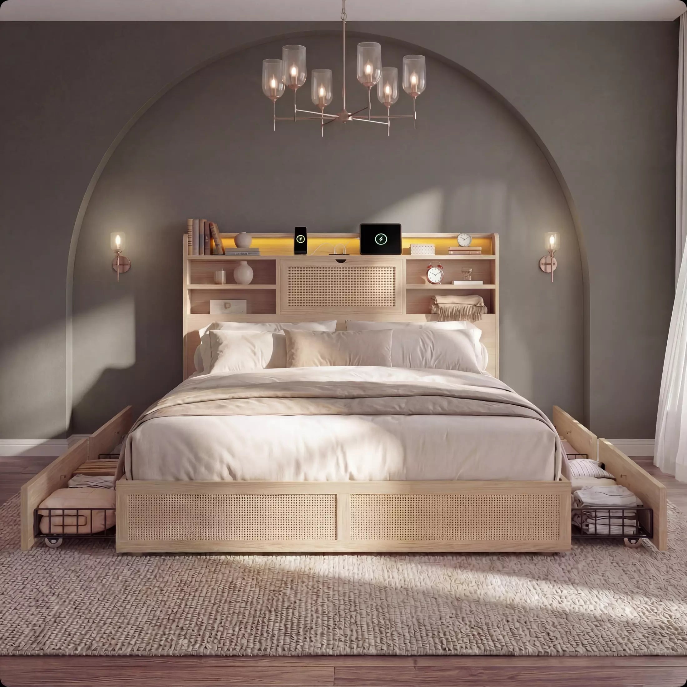 Boho Chic Rattan Storage Bookcase Bed Frame