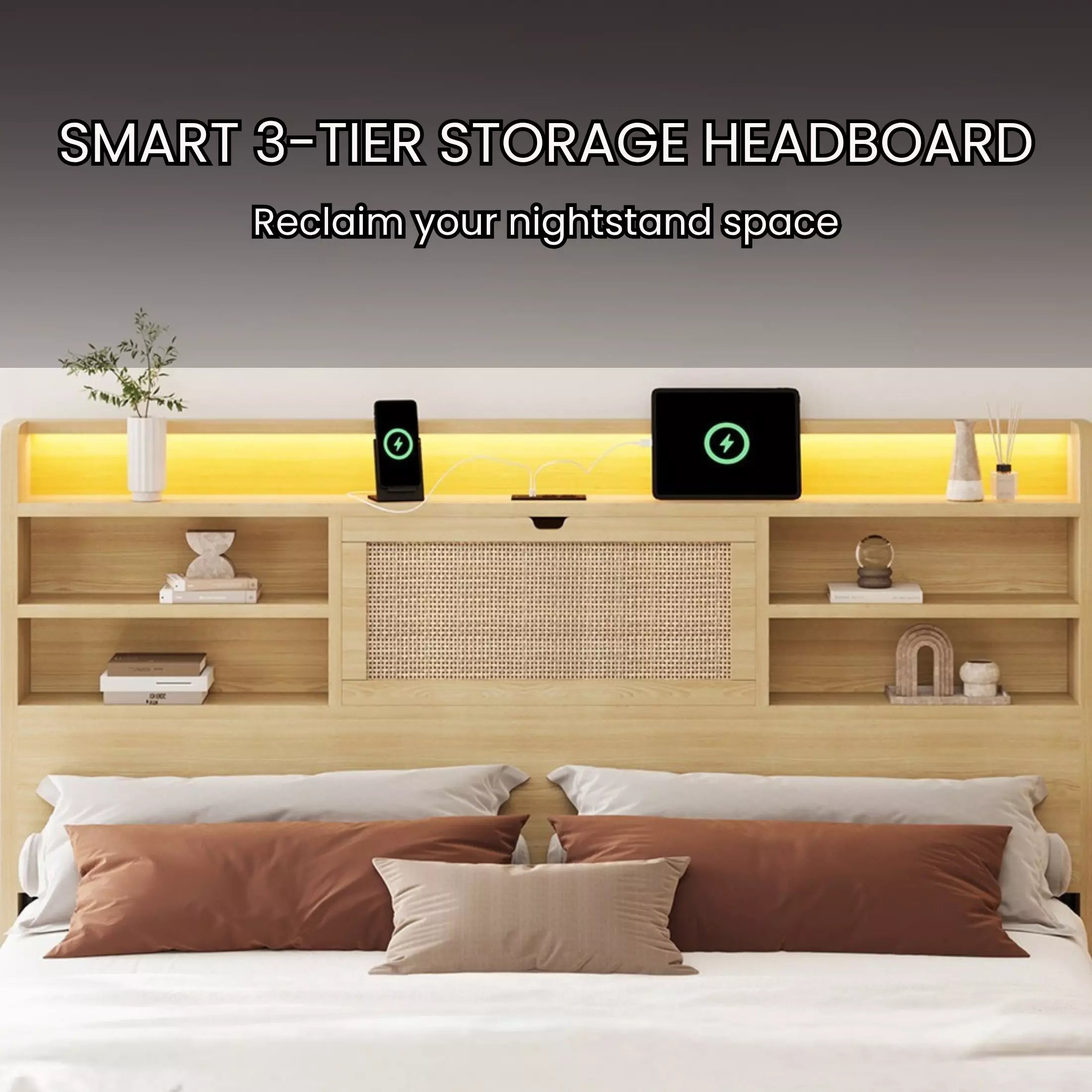 Boho Chic Rattan Storage Bookcase Bed Frame