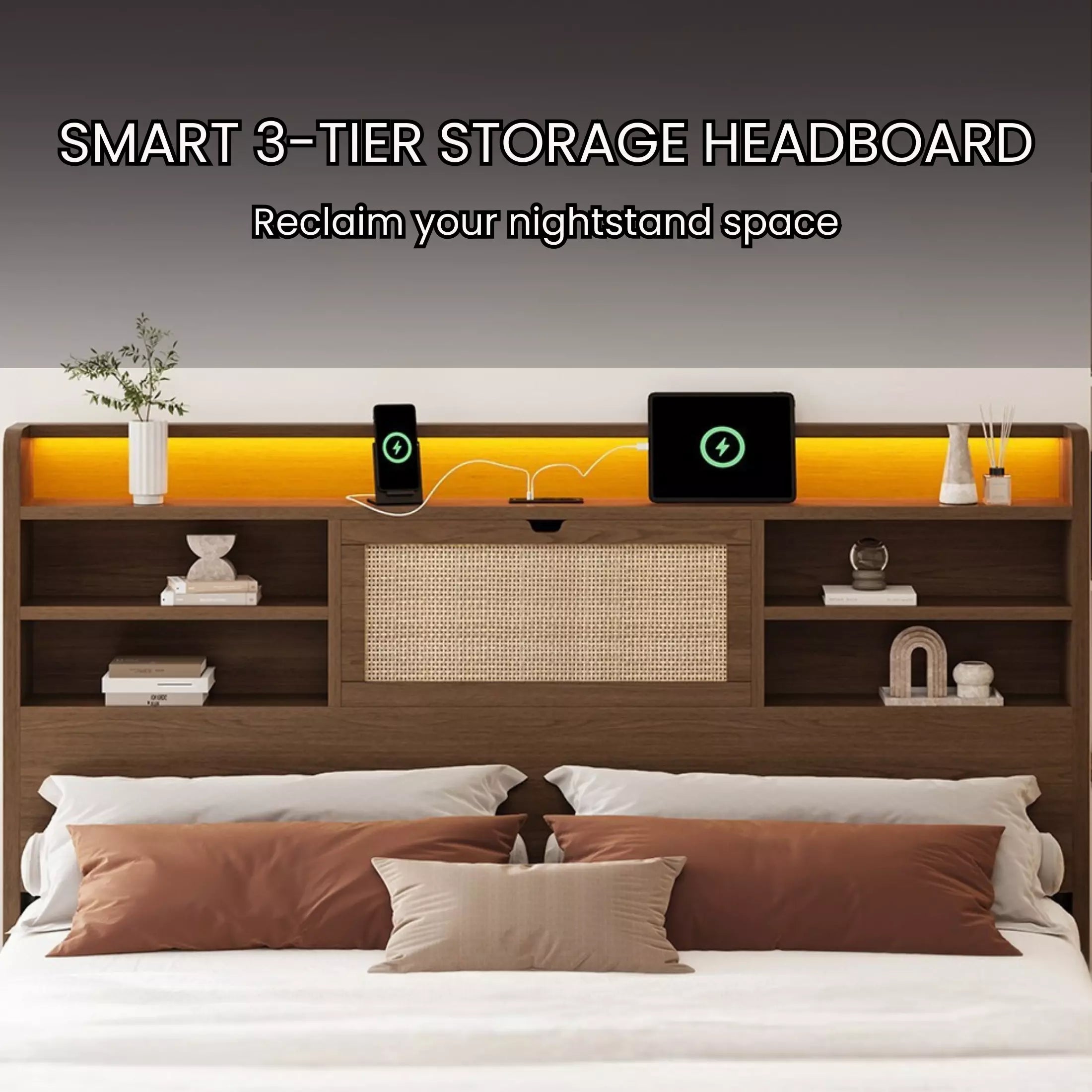 Smart 3-tier storage headboard with shelves and electronic devices on a bed.