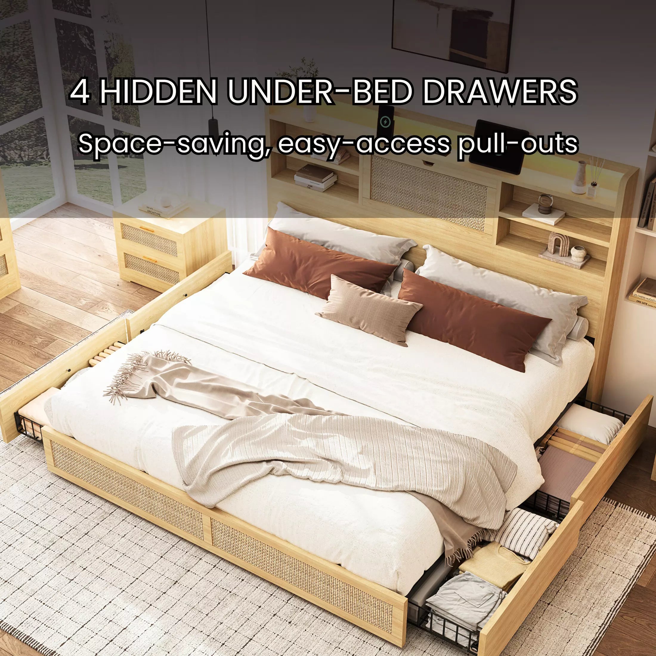 Boho Chic Rattan Storage Bookcase Bed Frame