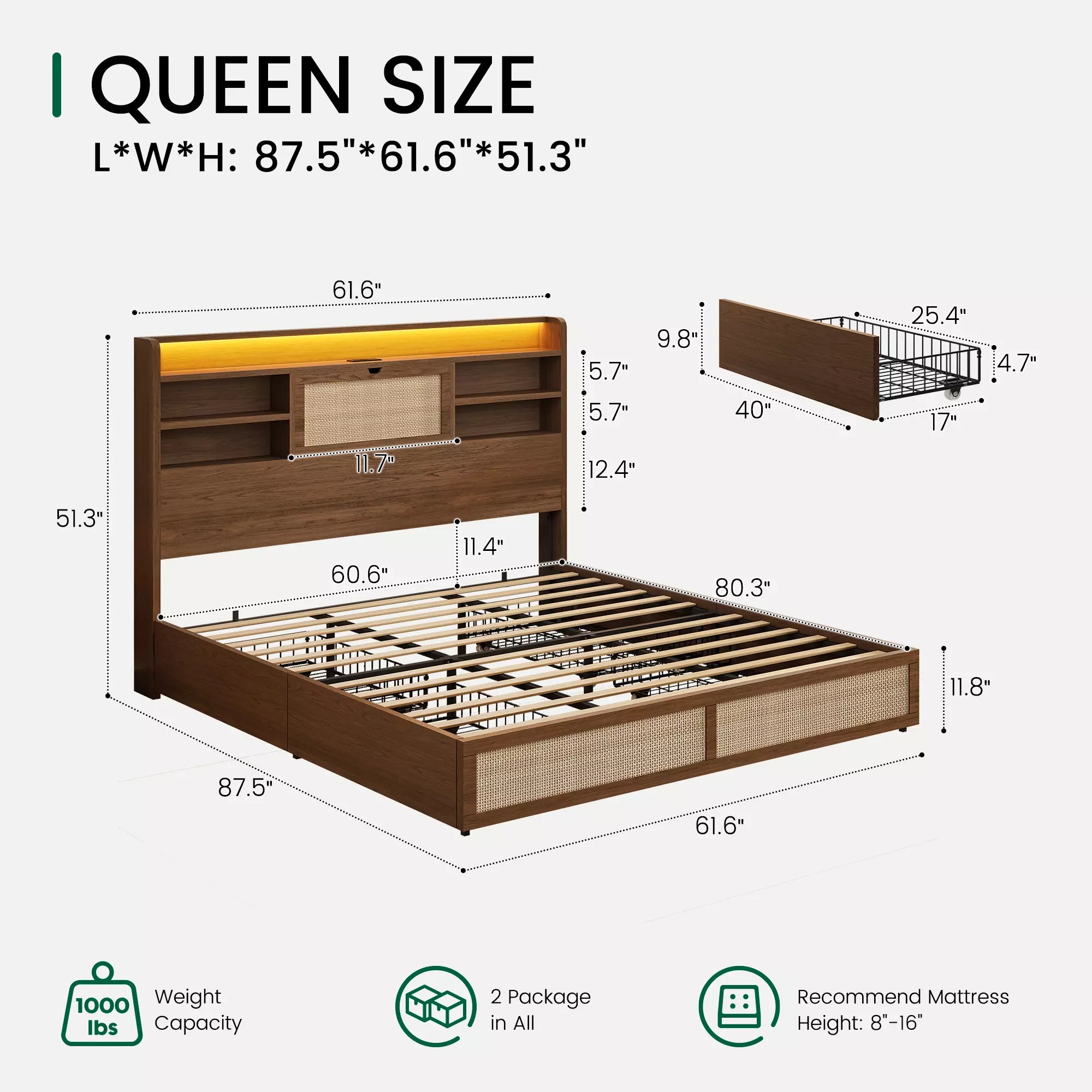 Boho Chic Rattan Storage Bookcase Bed Frame (Walnut)