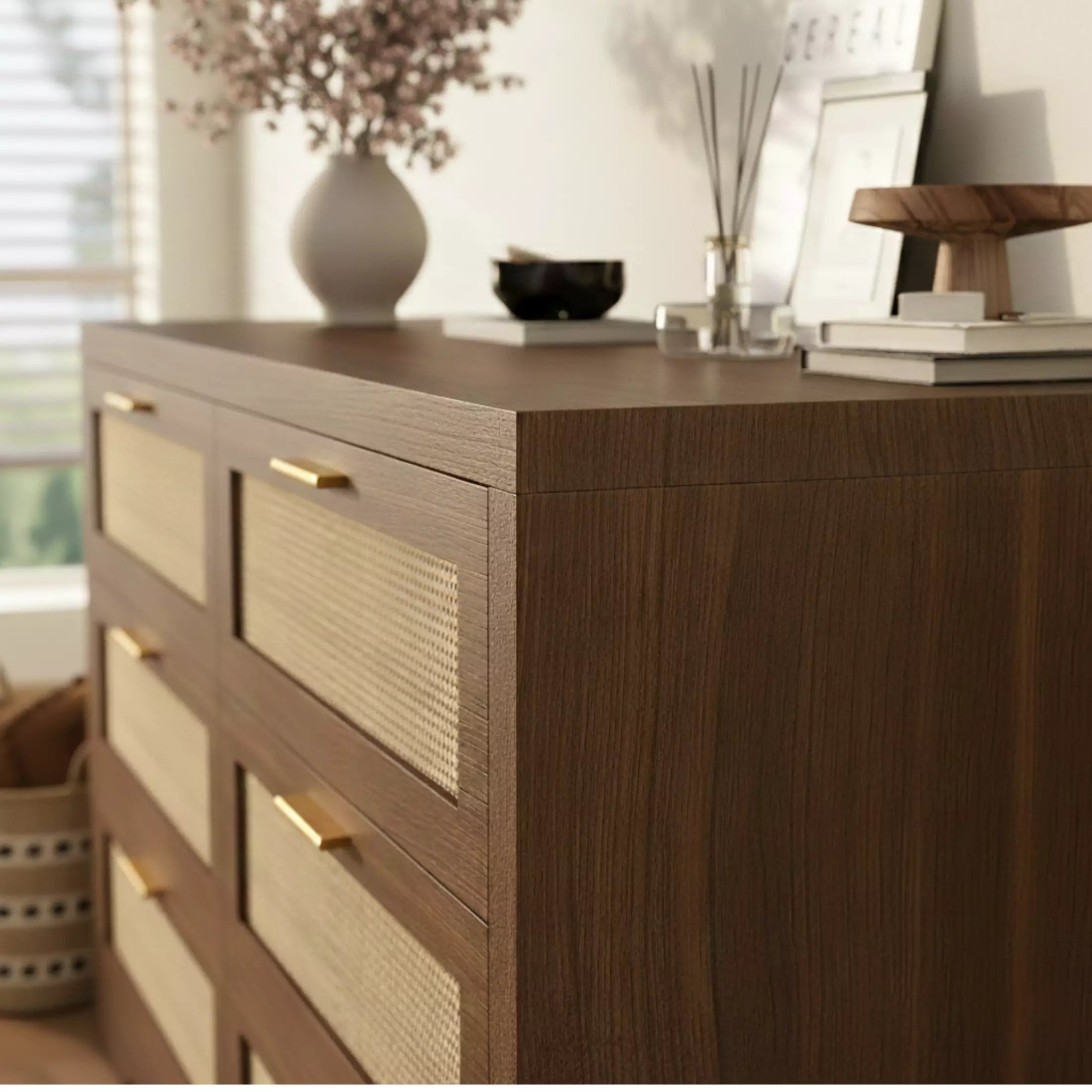 Boho Chic Rattan 6 Drawer Dressers-Walnet / Oak