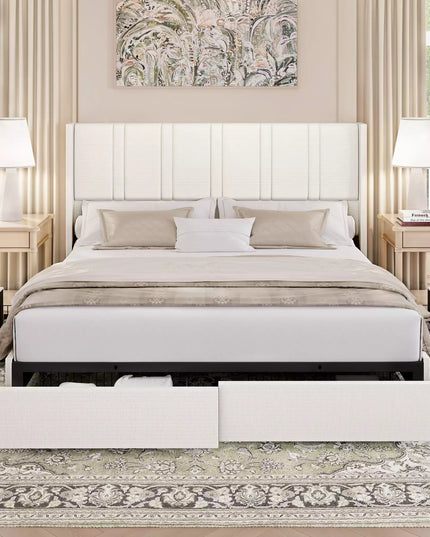 Modro Linen Upholstered Platform Bed Frame with 4 Storage Drawer