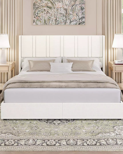 Modro Linen Upholstered Platform Bed Frame with 4 Storage Drawer