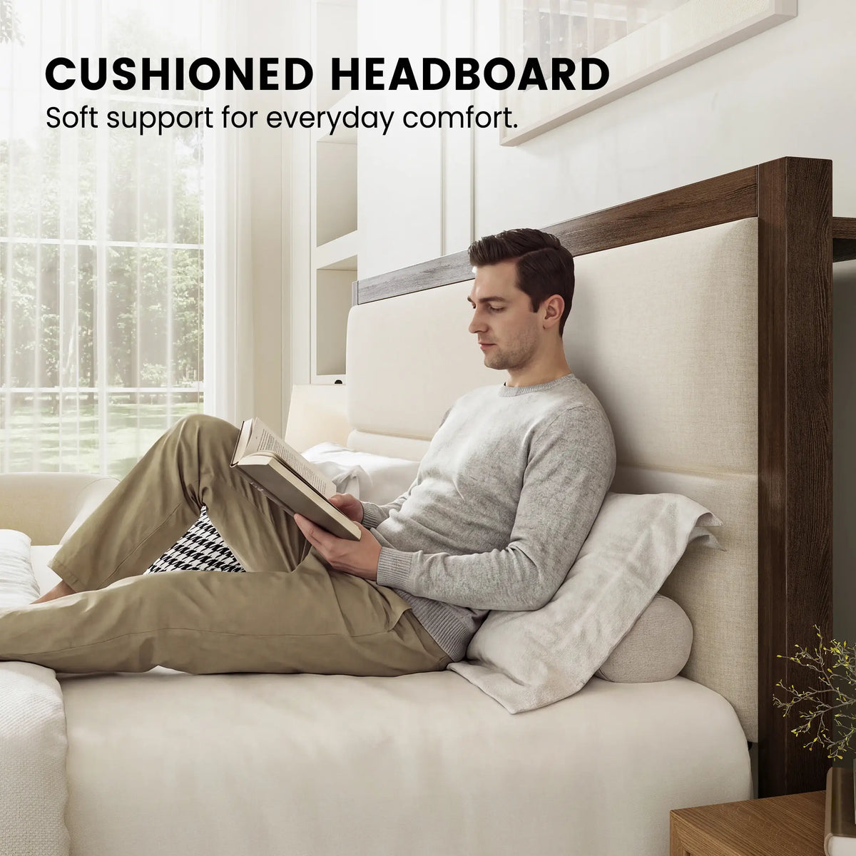 Sevan Solid Wood Upholstered Platform Bed with Charging Station