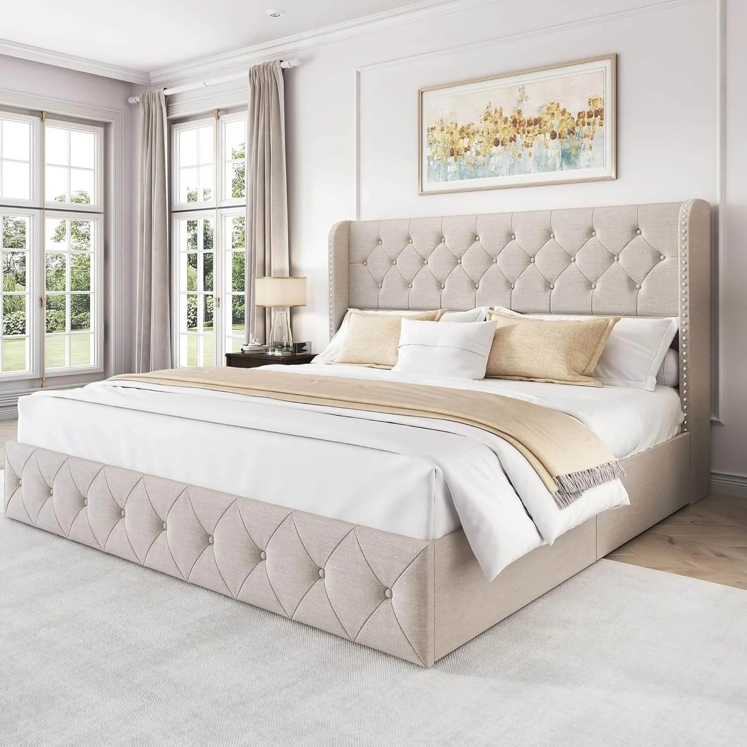 Larmace Modern Upholstered Platform Bed Frame with Button Tufted Velvet Wingback Headboard, 4 Storage Drawers Underneath