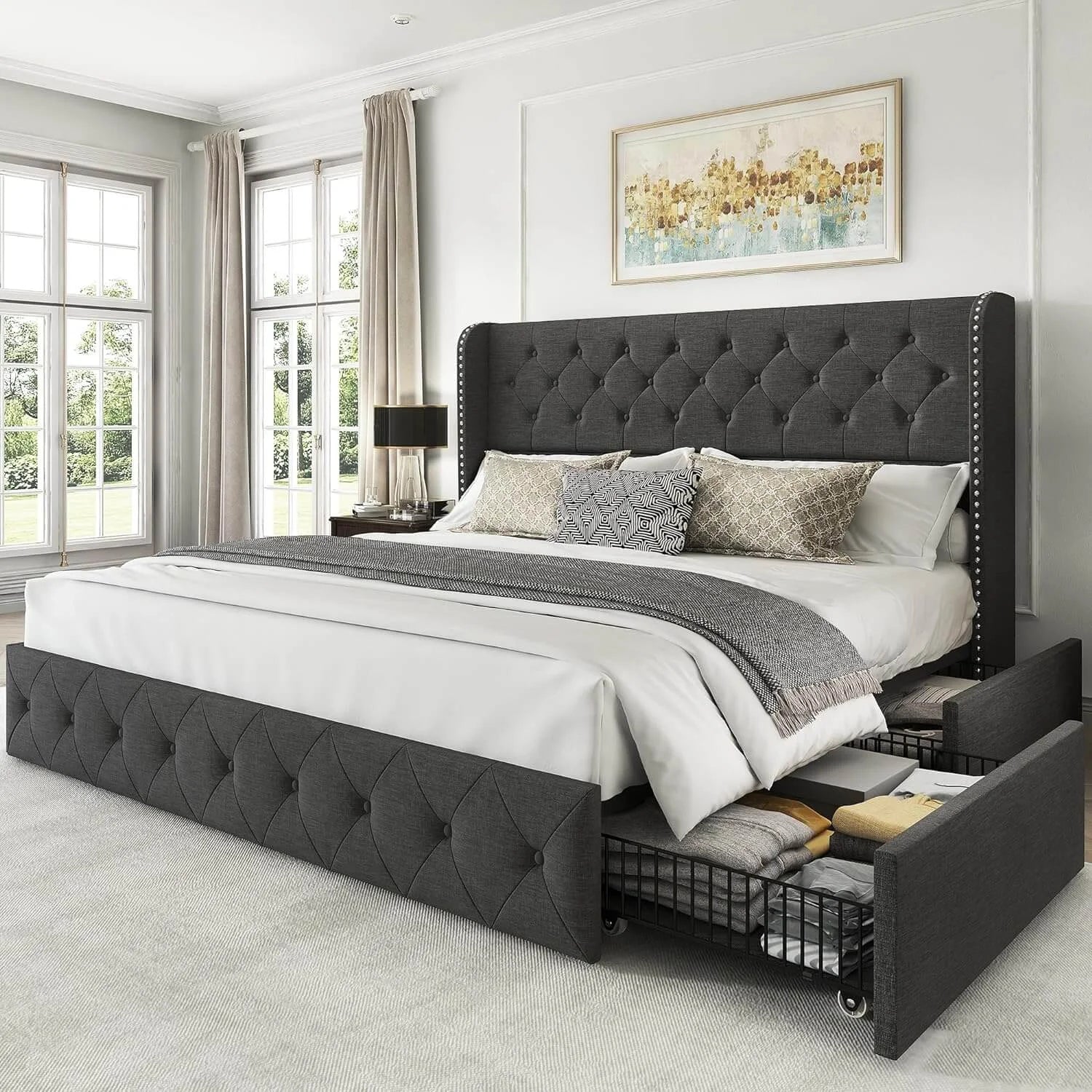 Larmace Modern Upholstered Platform Bed Frame with Button Tufted Velvet Wingback Headboard, 4 Storage Drawers Underneath Dark Grey