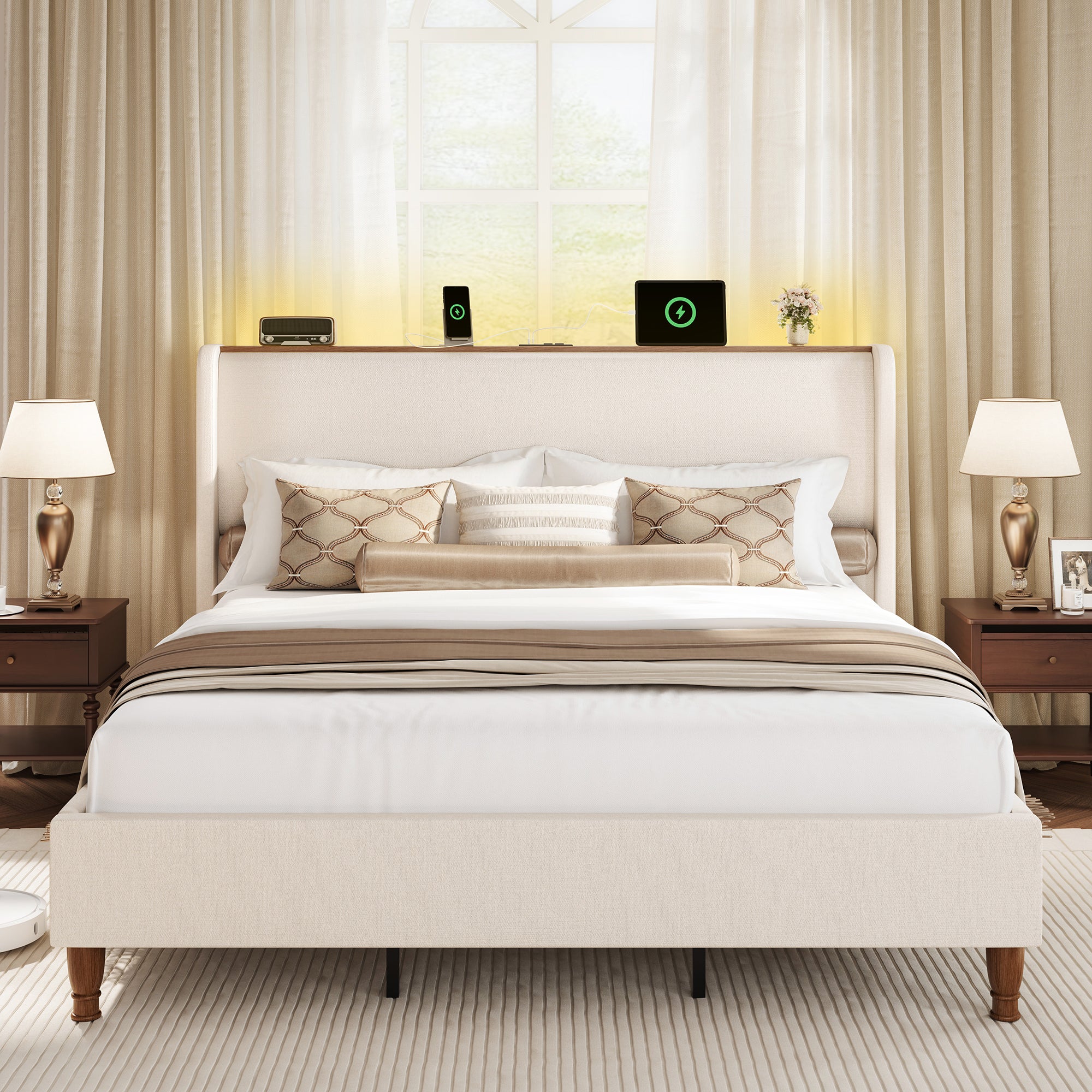 Arc Linen Tall Headbaord Storage Bed Frame with Led & Charging