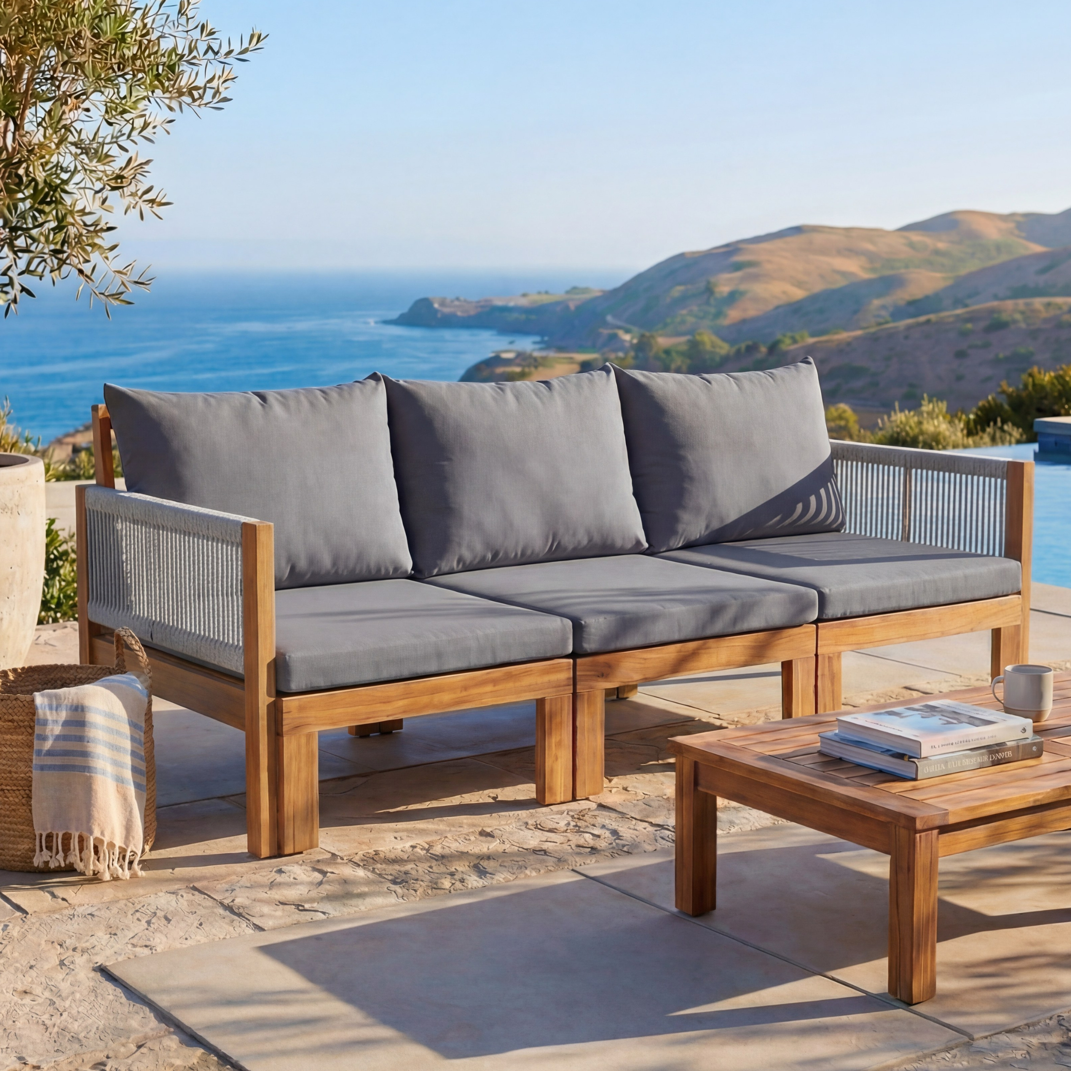 Luvia 3 Seat Acacia Wood Outdoor Sofa, 4 in 1 All-Weather Daybed-Grey Color