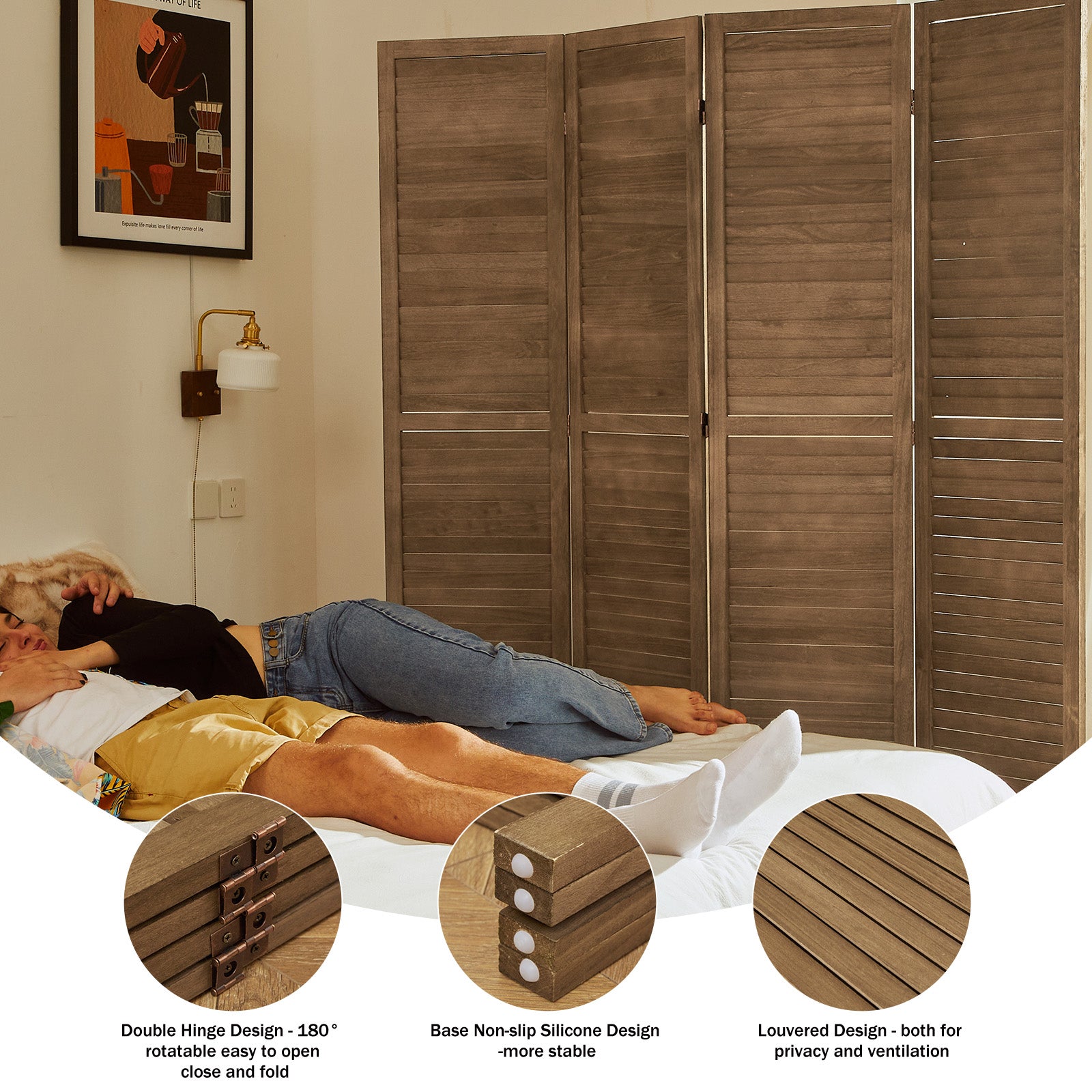 Detail of smooth dark walnut finish on louvered wood slats and wood grain