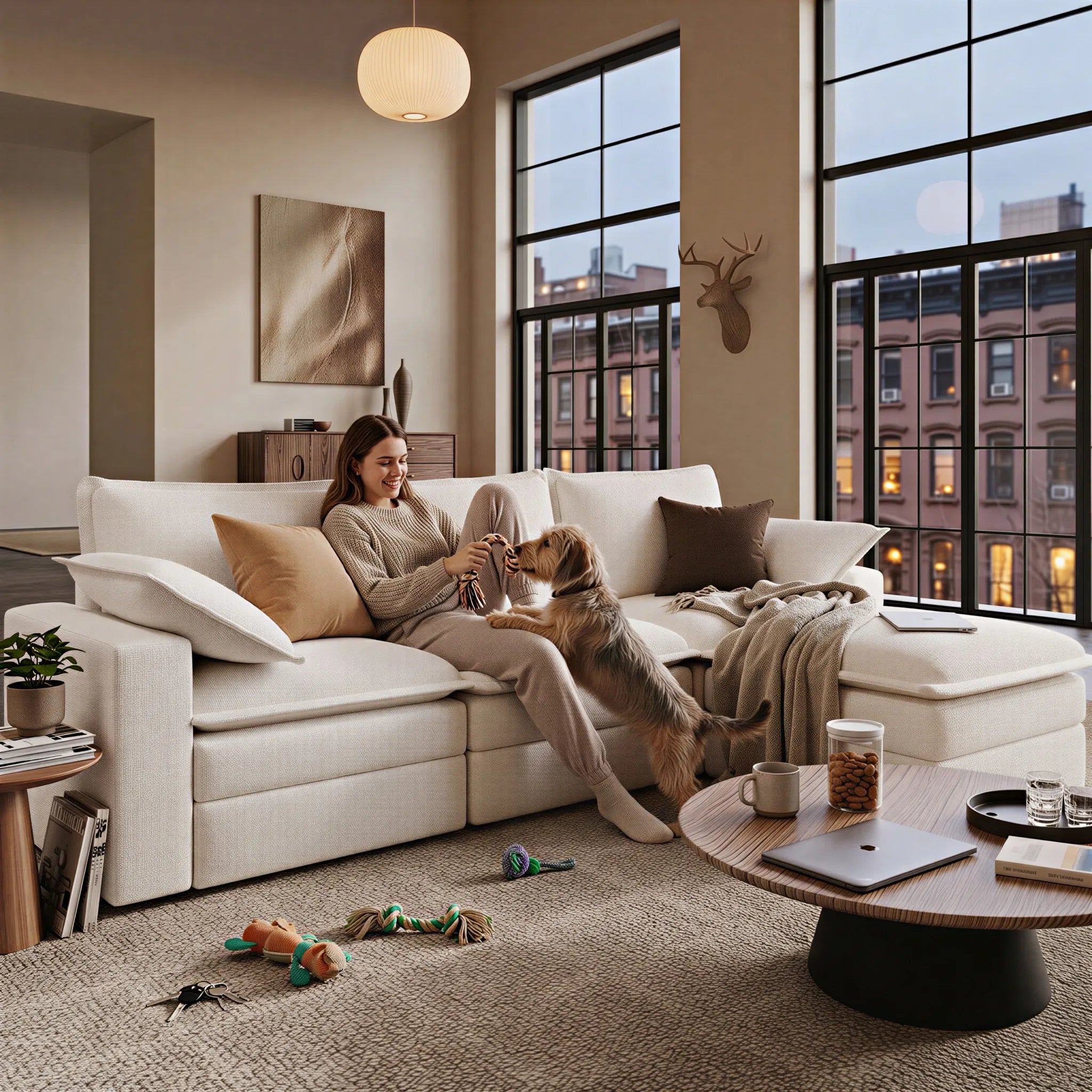 Woman relaxing with her dog on the Densa L shaped sectional sofa, a modular 3-4 seater cloud sofa featuring pet-friendly chenille fabric and 330 lbs per seat support.