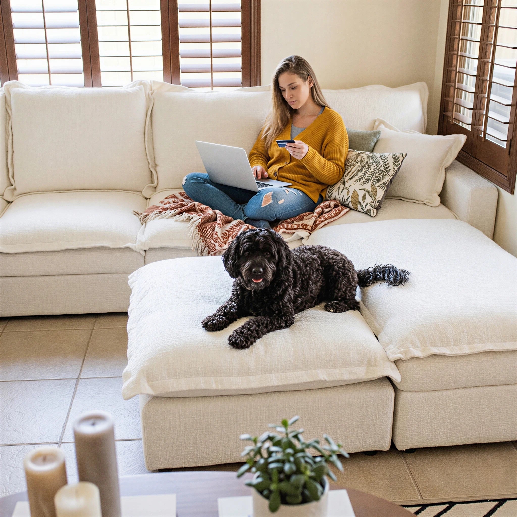 A woman relaxing and working on the Densa dark gray u shape sectional sofa, a spacious 7 seater modular cloud sofa with movable ottomans.