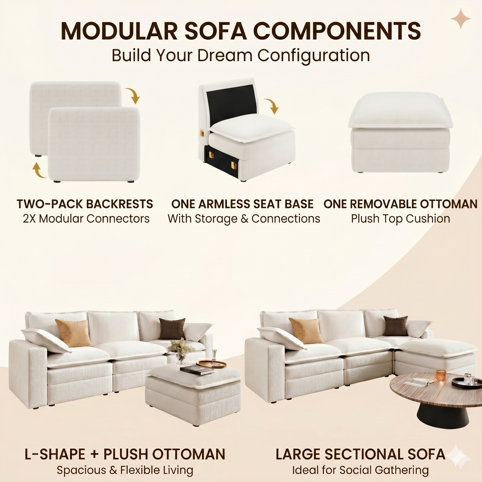 Close-up of the reinforced steel interlocking connectors on a Densa modular sofa, showing the secure snap-on assembly system.
