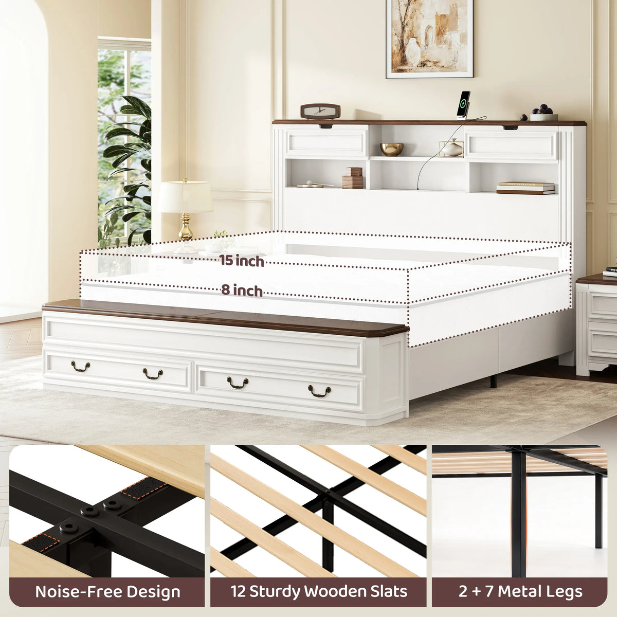 Farmhouse Storage Bed with Bookcase & Charging Station