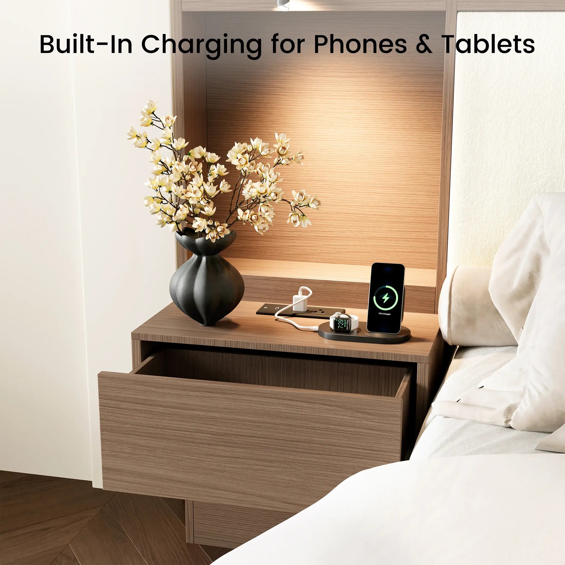 Kaelen Wooden Storage Bed with Built-in Nightstands & Reading Lights