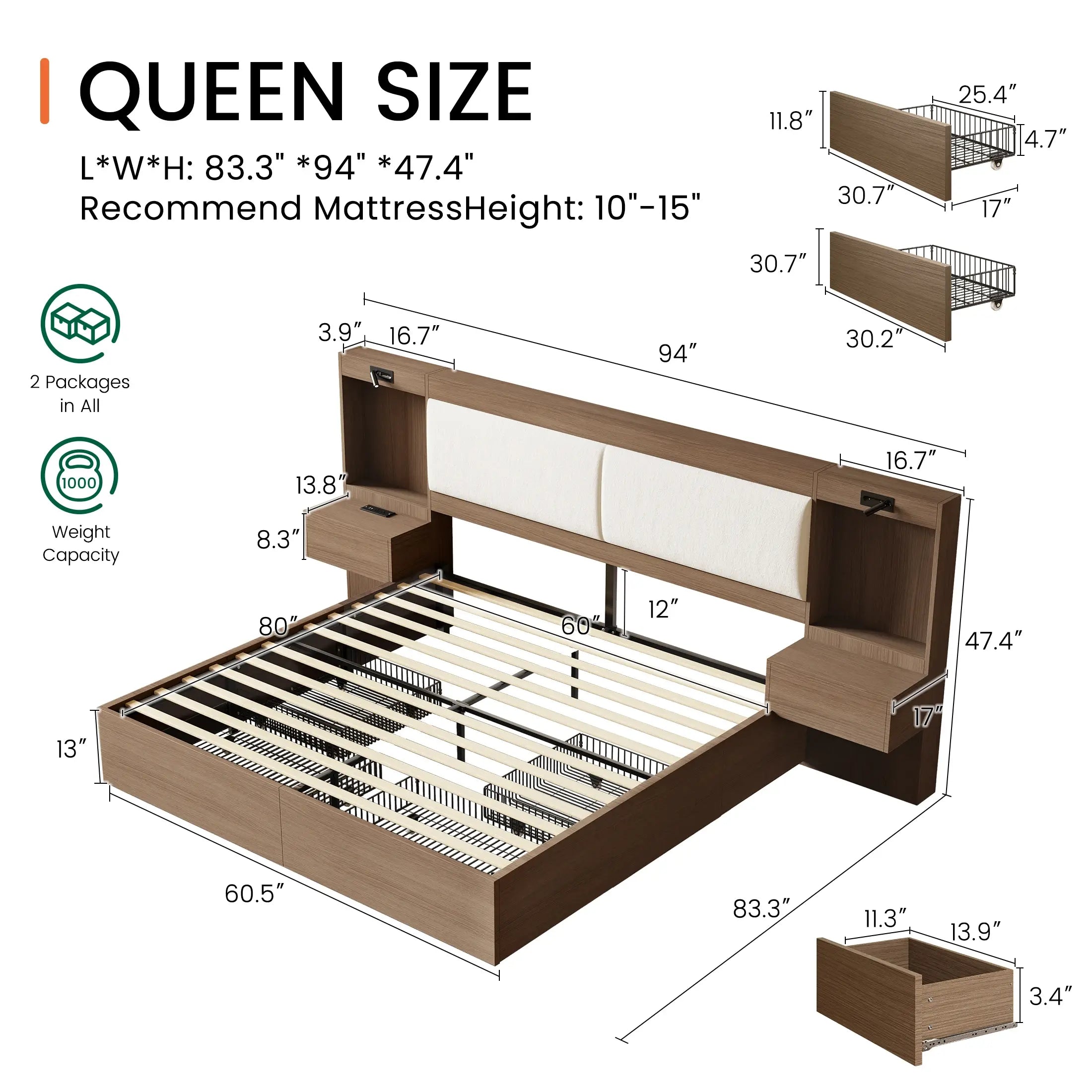 Kaelen Wooden Storage Bed with Built-in Nightstands & Reading Lights
