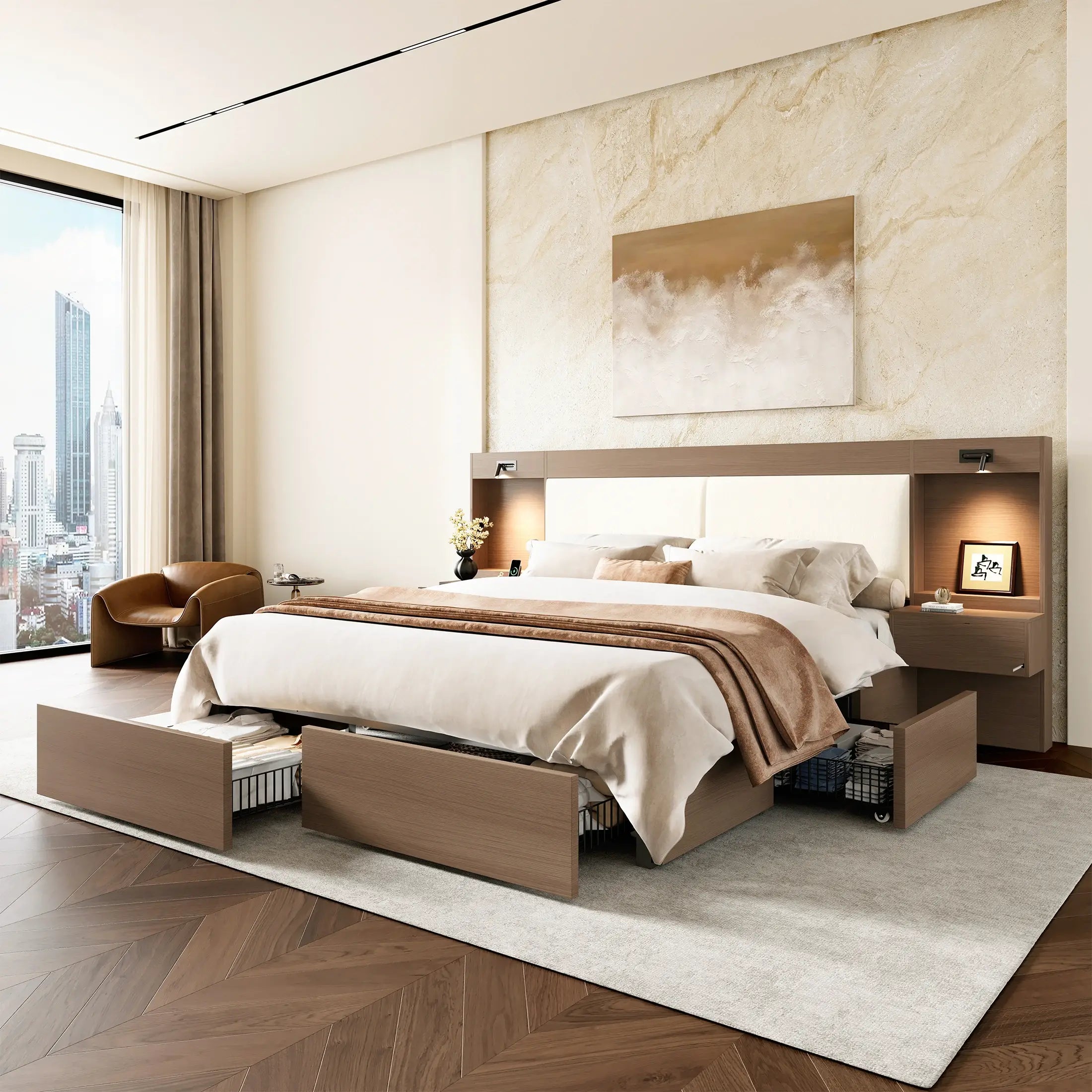 Kaelen Wooden Storage Bed with Built-in Nightstands & Reading Lights