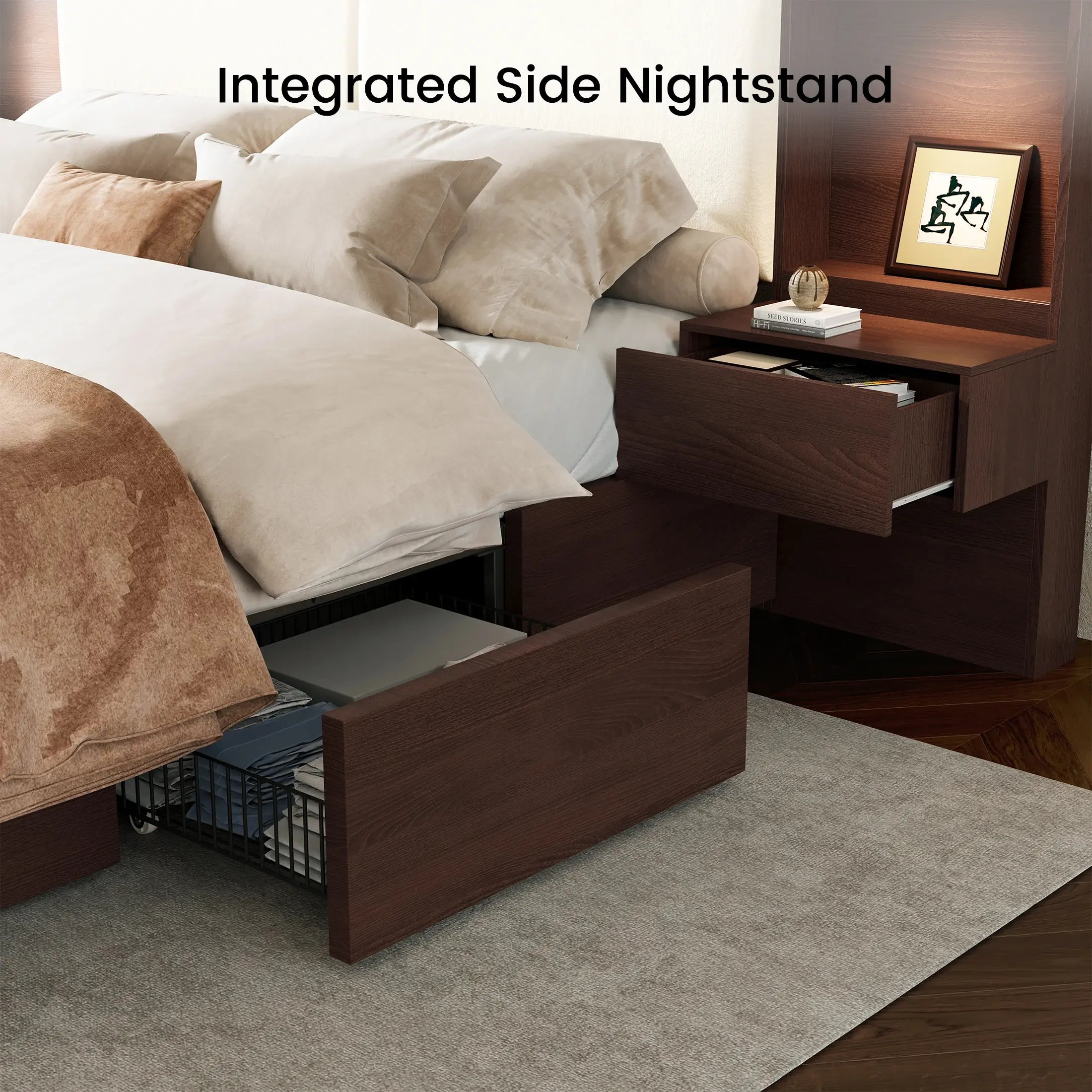 Kaelen Wooden Storage Bed with Built-in Nightstands & Reading Lights