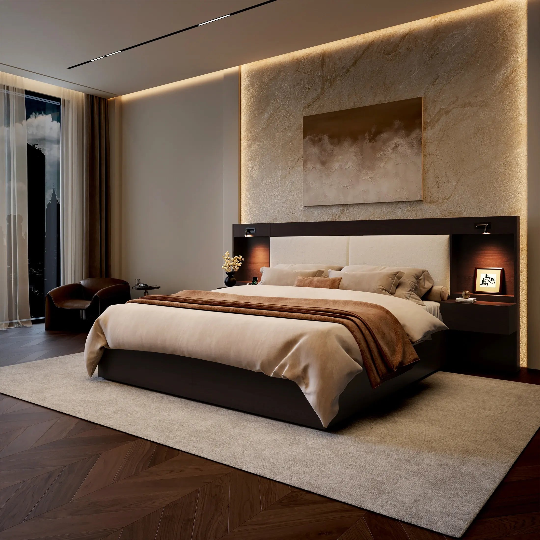 Kaelen Wooden Storage Bed with Built-in Nightstands & Reading Lights