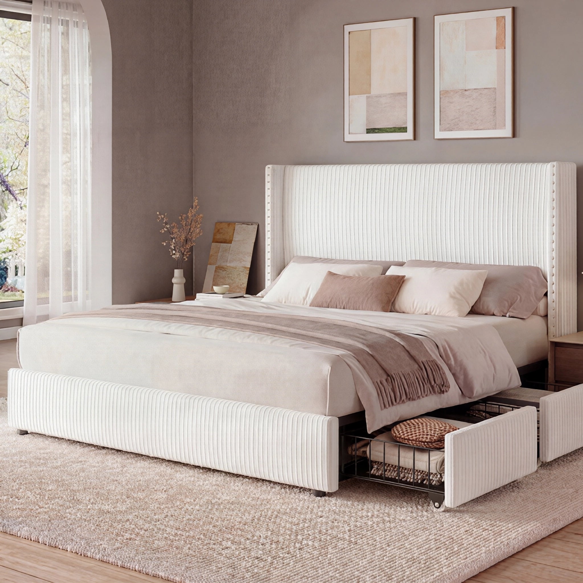 Larmace Corduroy Platform Bed Frame,Tufted Upholstered Headboard