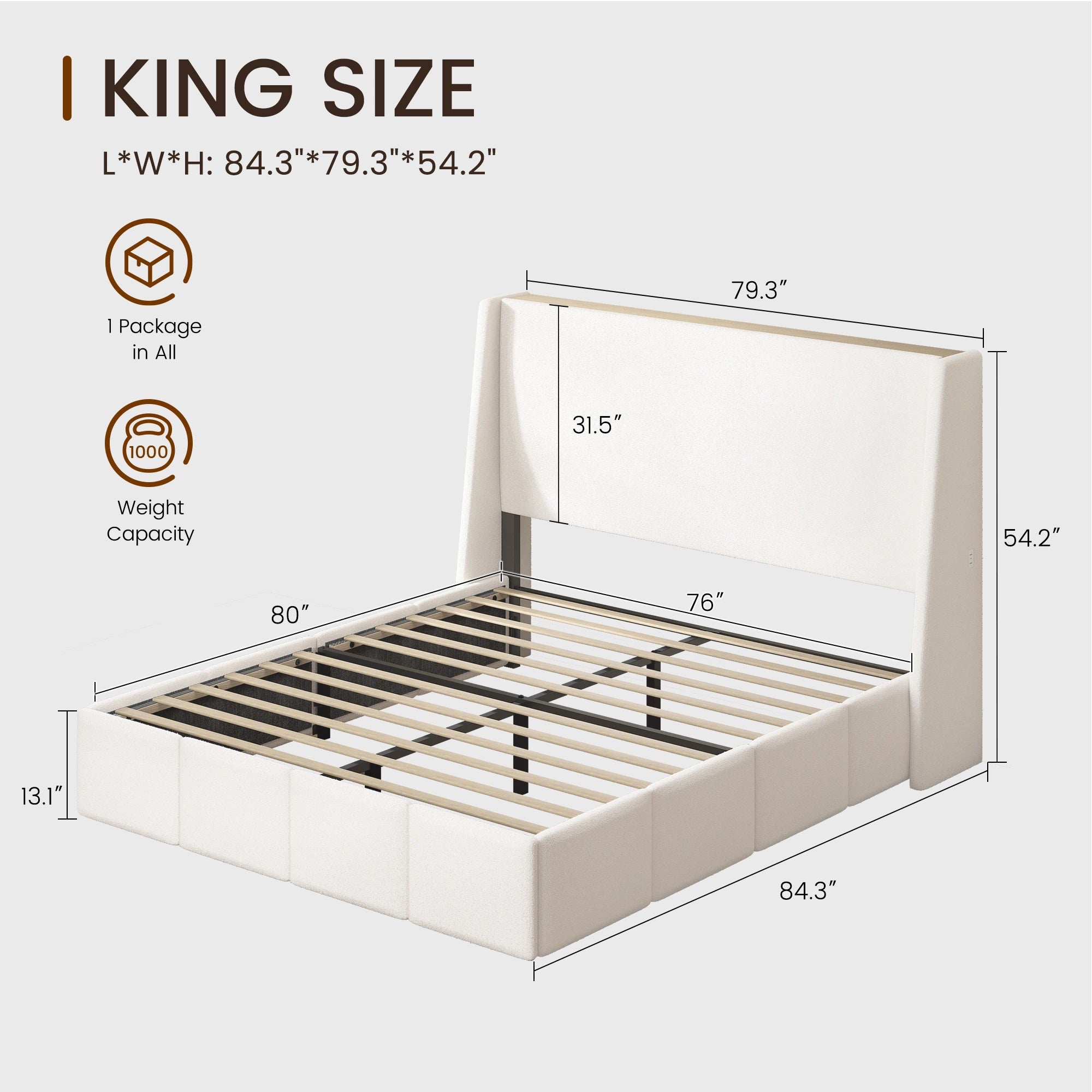 King size white sherpa upholstered platform bed frame dimensions