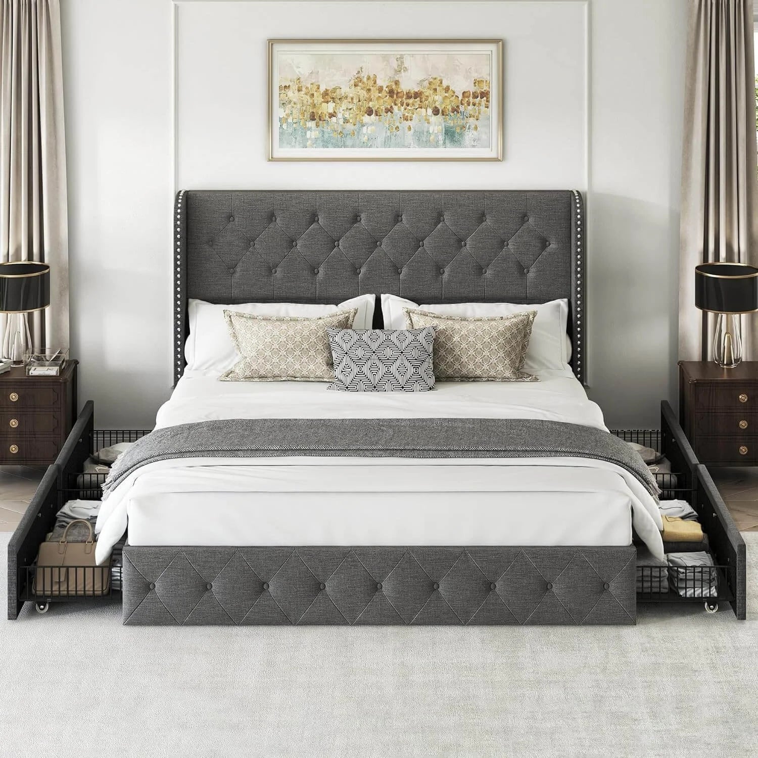 Larmace Modern Upholstered Platform Bed Frame with Button Tufted Velvet Wingback Headboard, 4 Storage Drawers Underneath