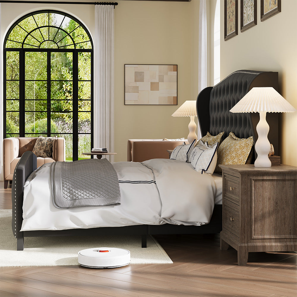 Larmace Upholstered Wingback Bed with High Tufted Headboard for Bedroom, KING SIZE