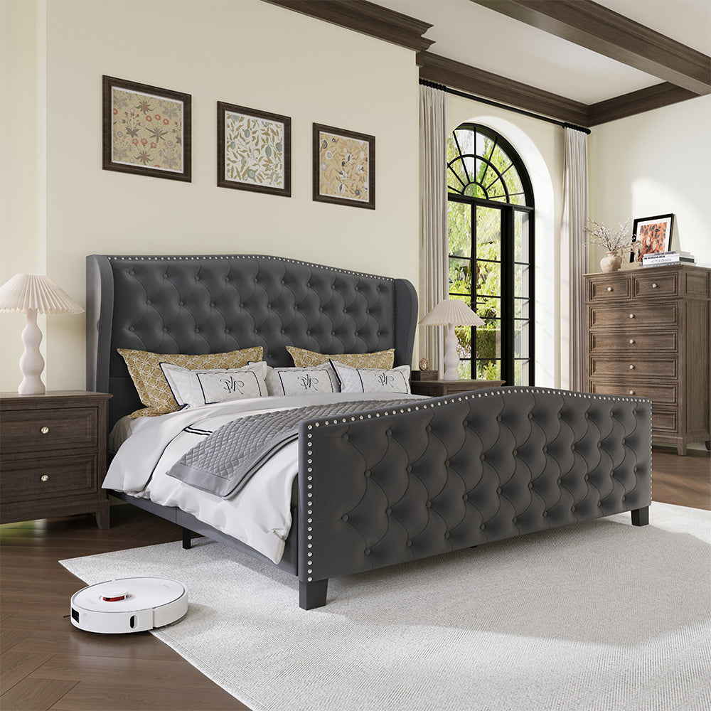 Larmace Upholstered Wingback Bed with High Tufted Headboard for Bedroom, KING SIZE Dark Grey