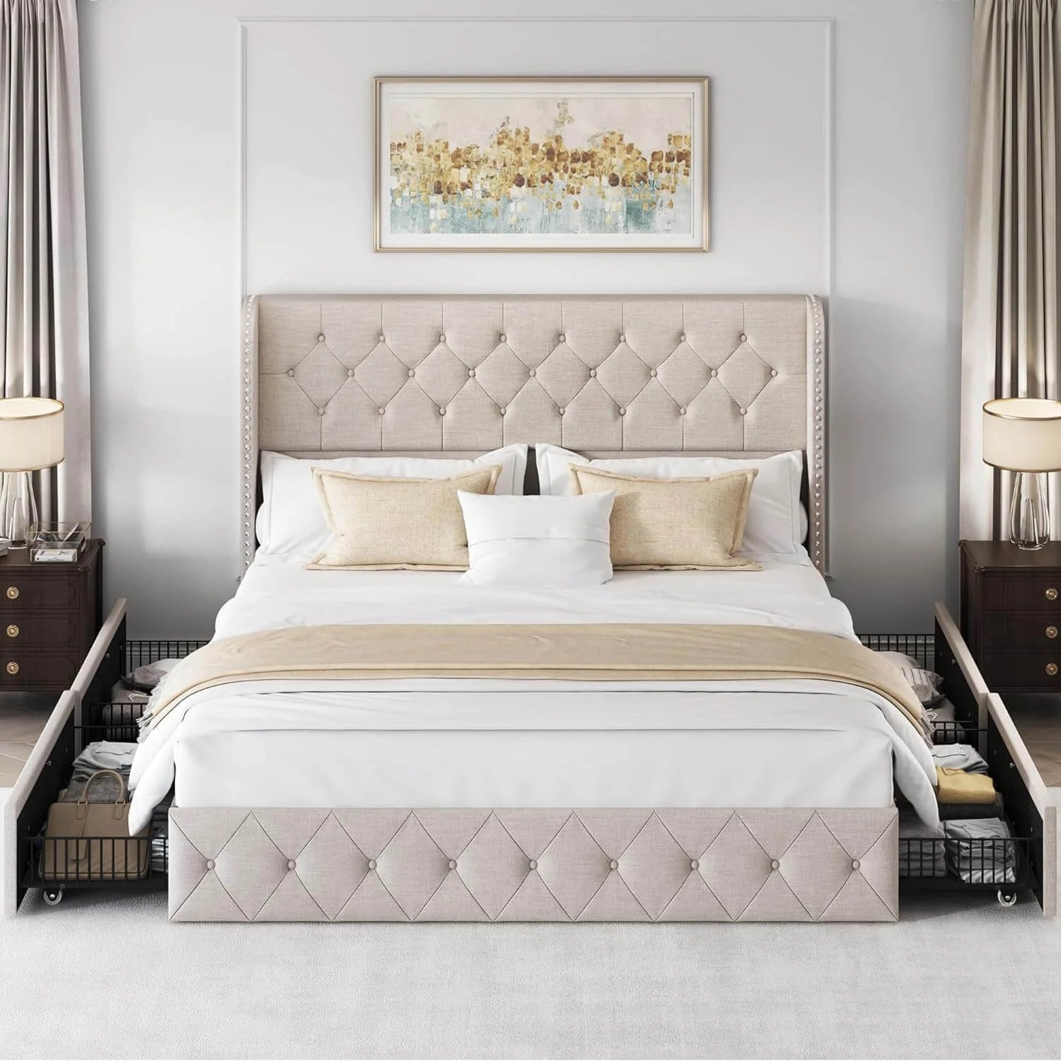 Larmace Modern Upholstered Platform Bed Frame with Button Tufted Velvet Wingback Headboard, 4 Storage Drawers Underneath