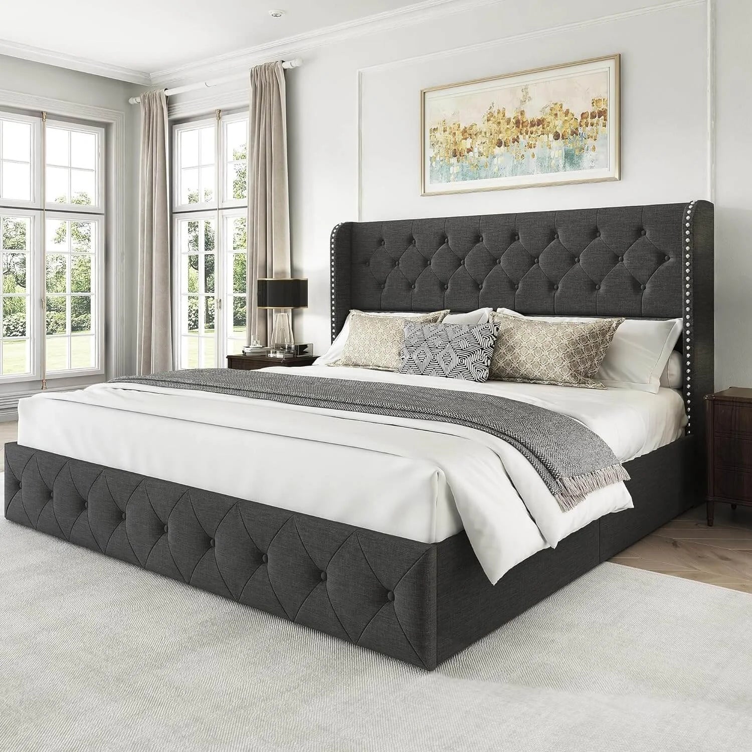 Larmace Modern Upholstered Platform Bed Frame with Button Tufted Velvet Wingback Headboard, 4 Storage Drawers Underneath