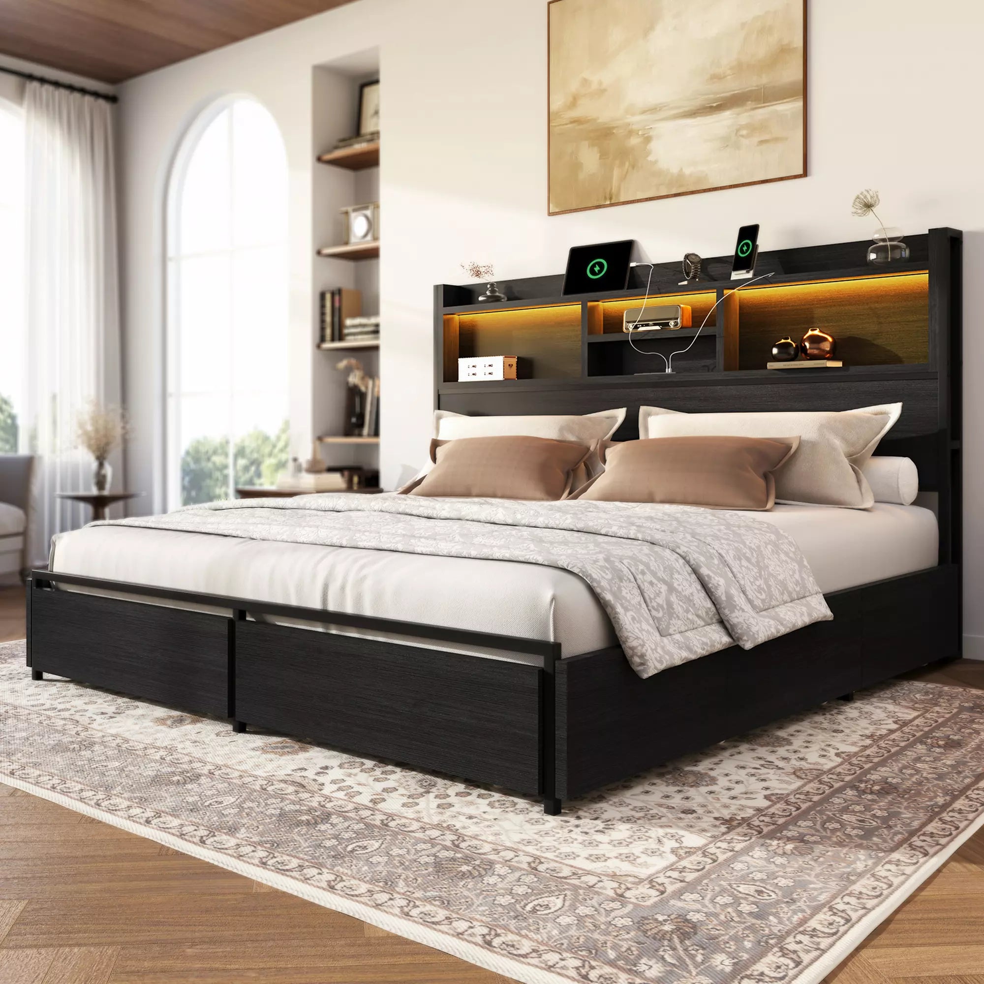 Strato Wood Bed Frame Storage Headboard with Charging Station and 6 Drawers