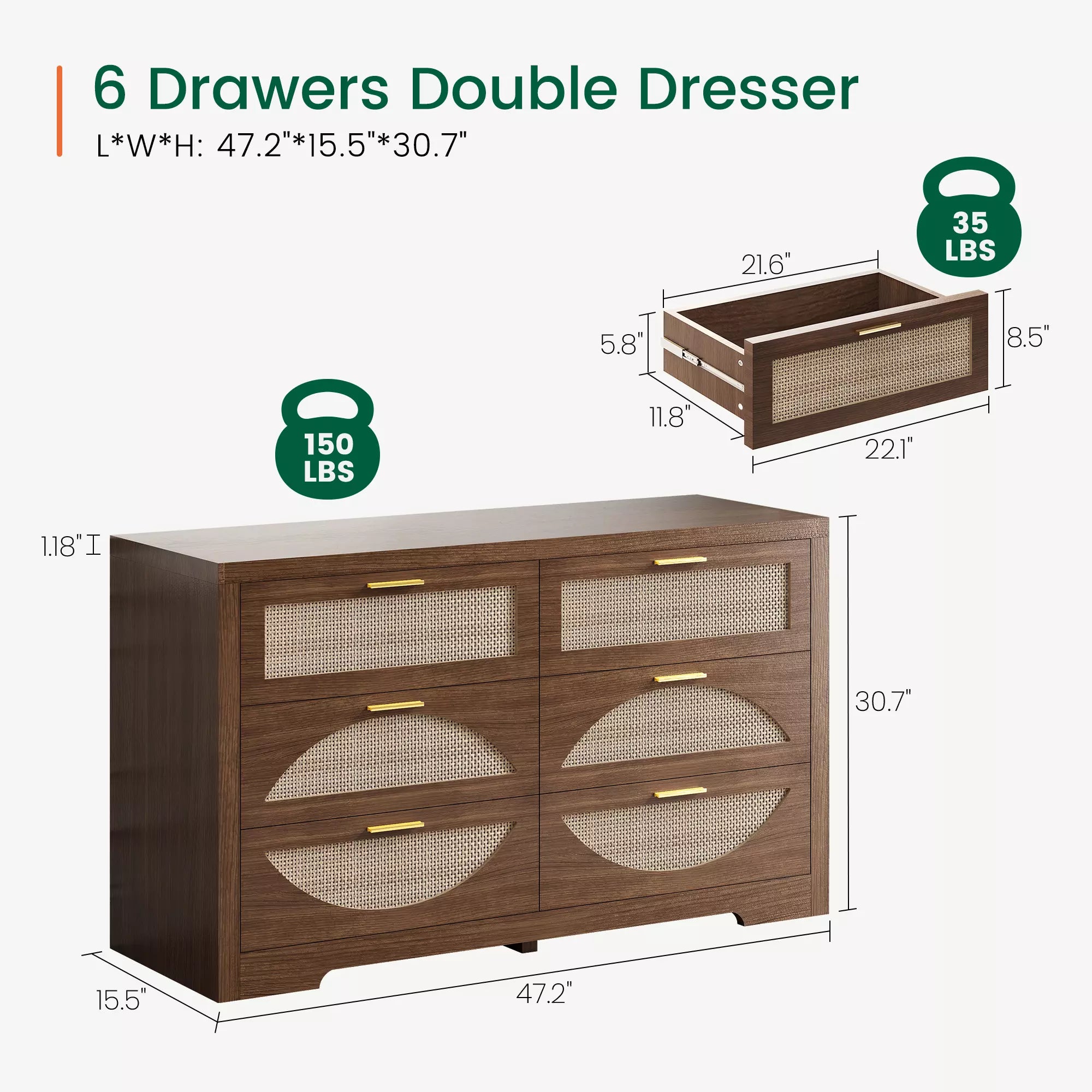 Arched Boho Rattan 6 Drawer Dressers-Walnet / Oak