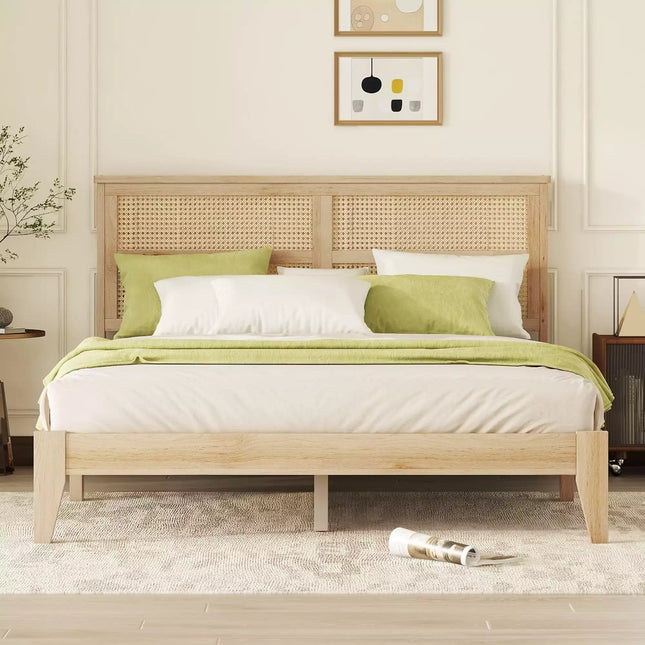 Montage Queen Size Rubber Wood Bed Frame, Rattan Headboard