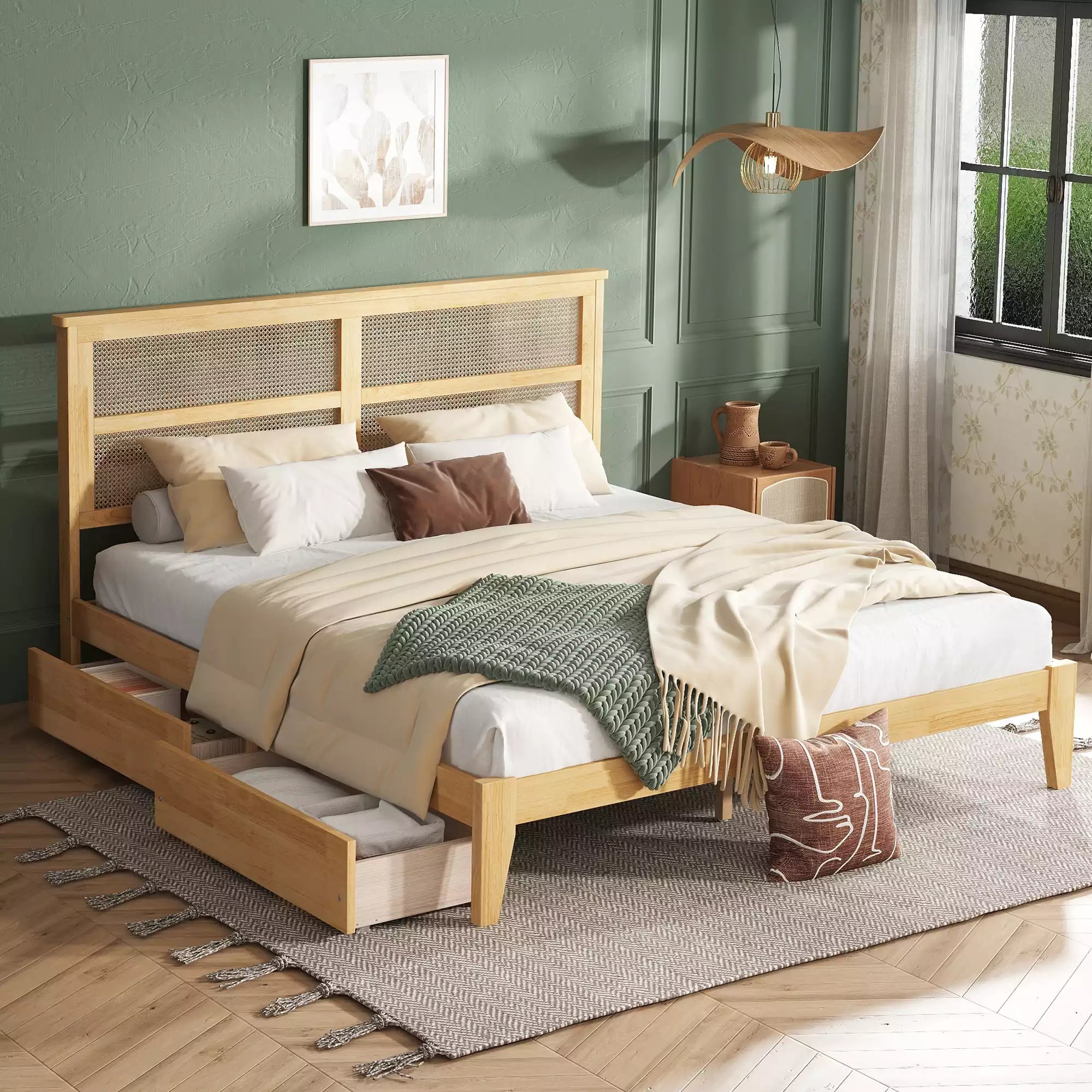 Arden Rubber Wood Bed Frame with Rattan Headboard, Two Storage Drawers