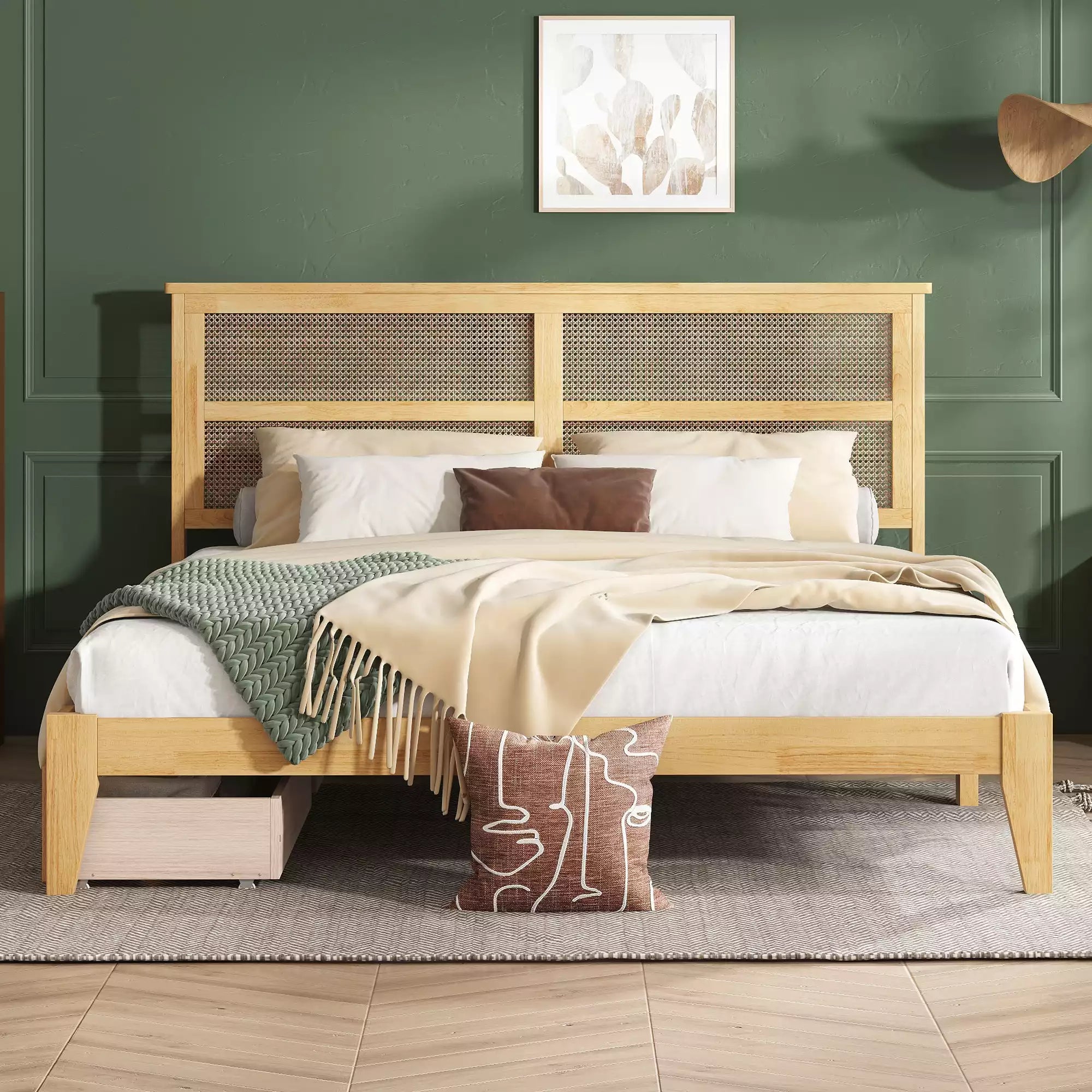 Arden Rubber Wood Bed Frame with Rattan Headboard, Two Storage Drawers