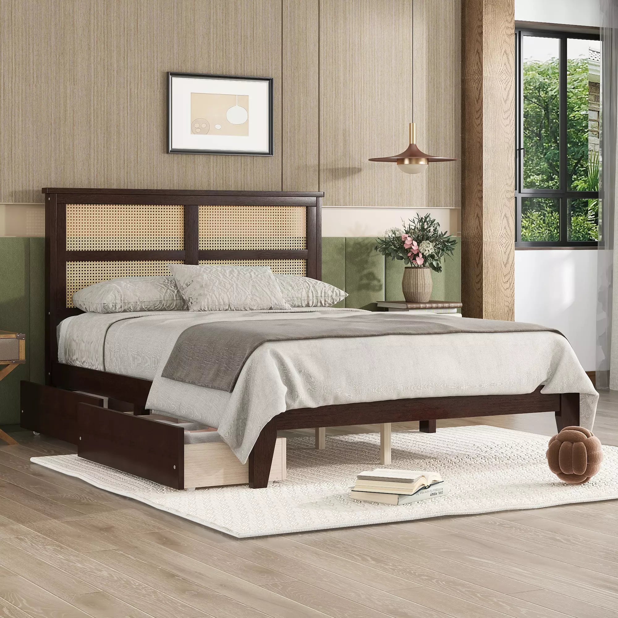 Arden Rubber Wood Bed Frame with Rattan Headboard, Two Storage Drawers