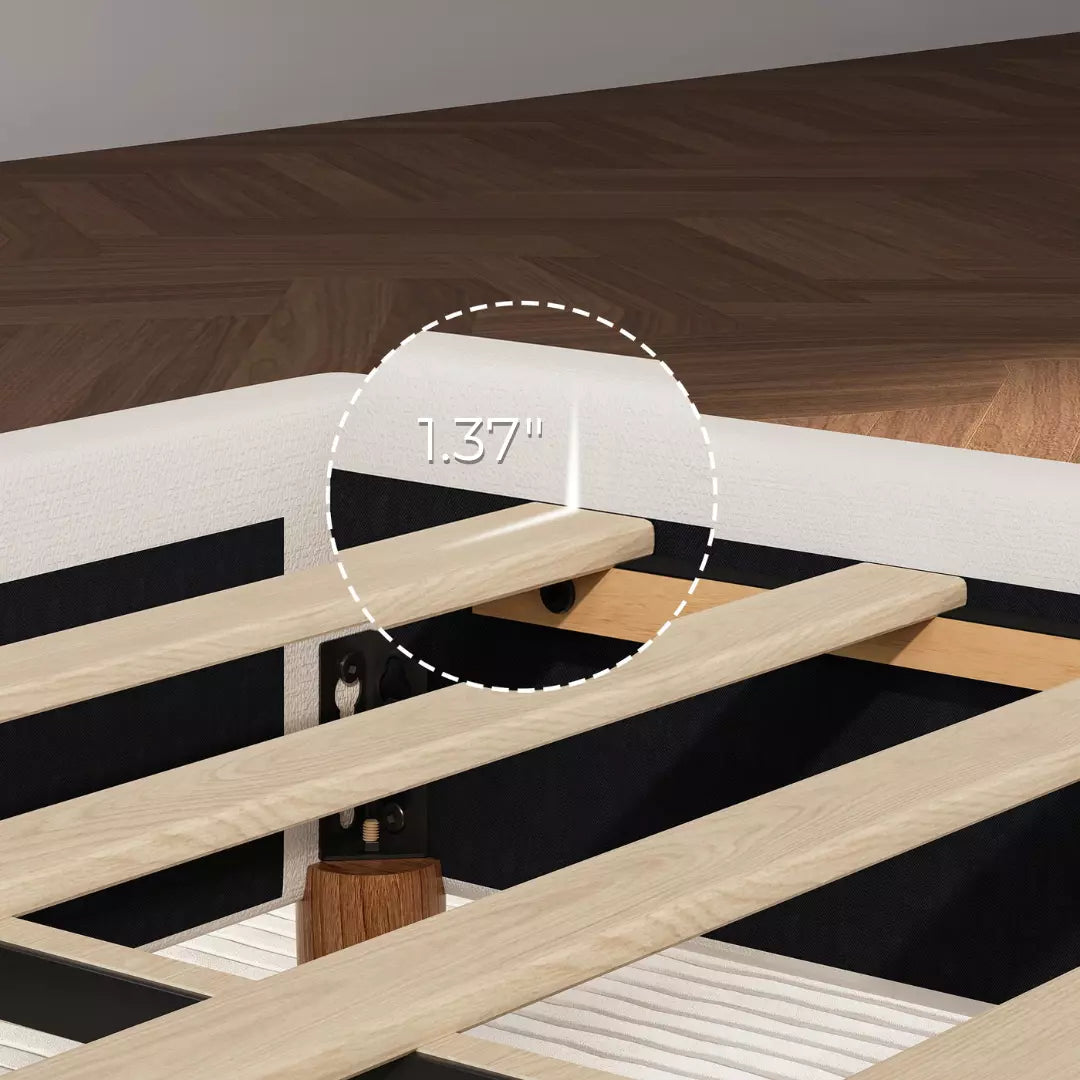 Wooden bed frame with measurement detail on a wooden floor.