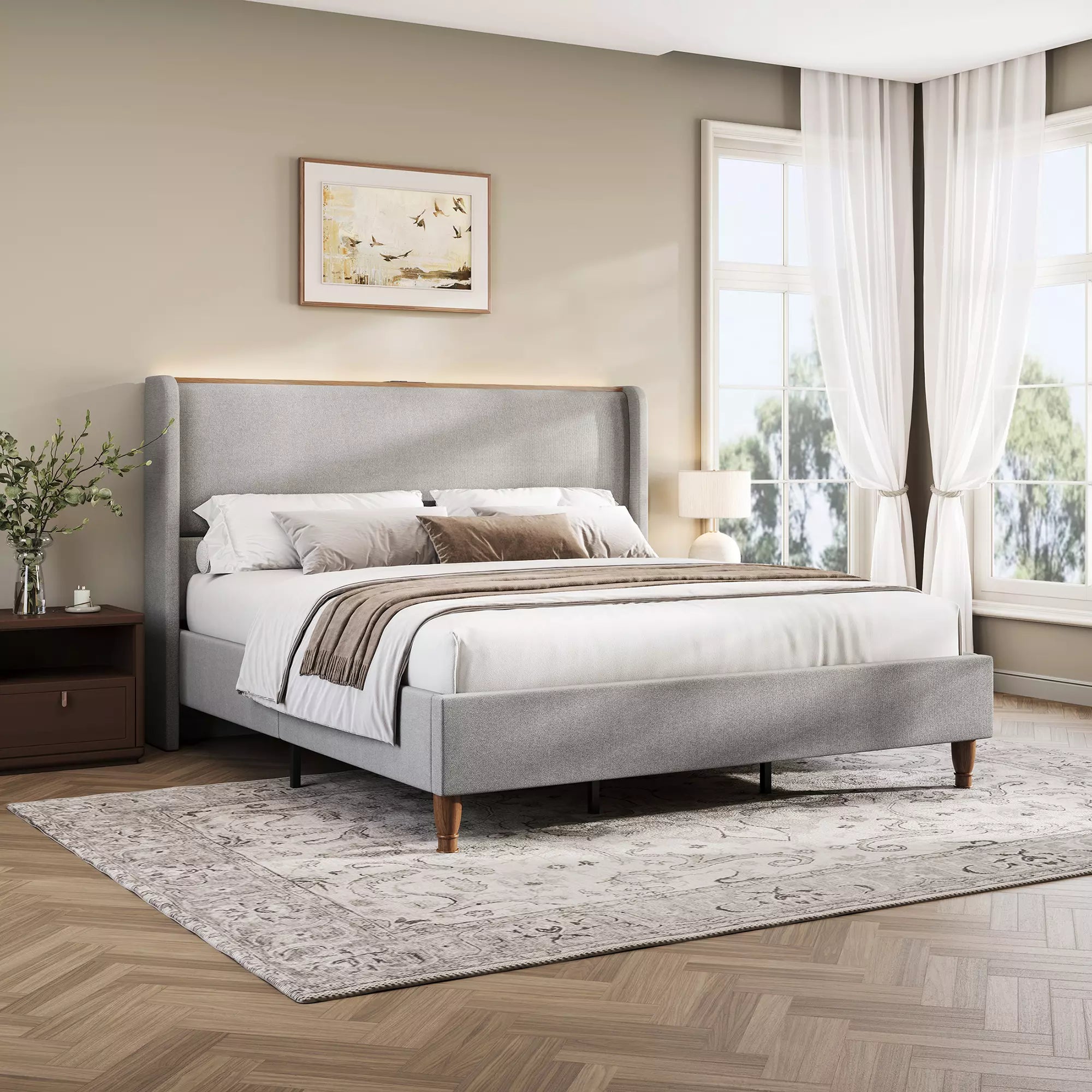 Arc Linen Tall Headbaord Storage Bed Frame with Led & Charging