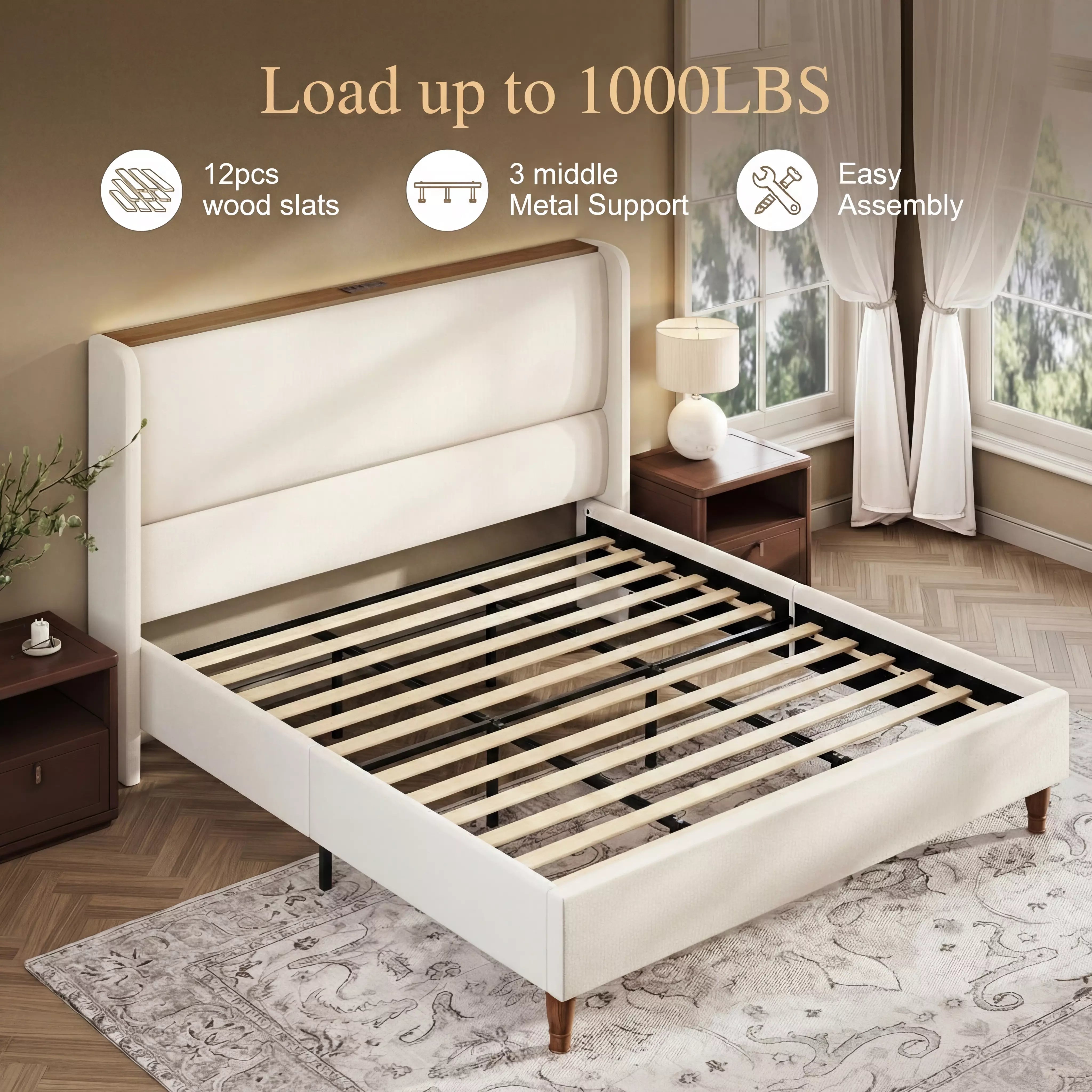 Arc Linen Tall Headbaord Storage Bed Frame with Led & Charging