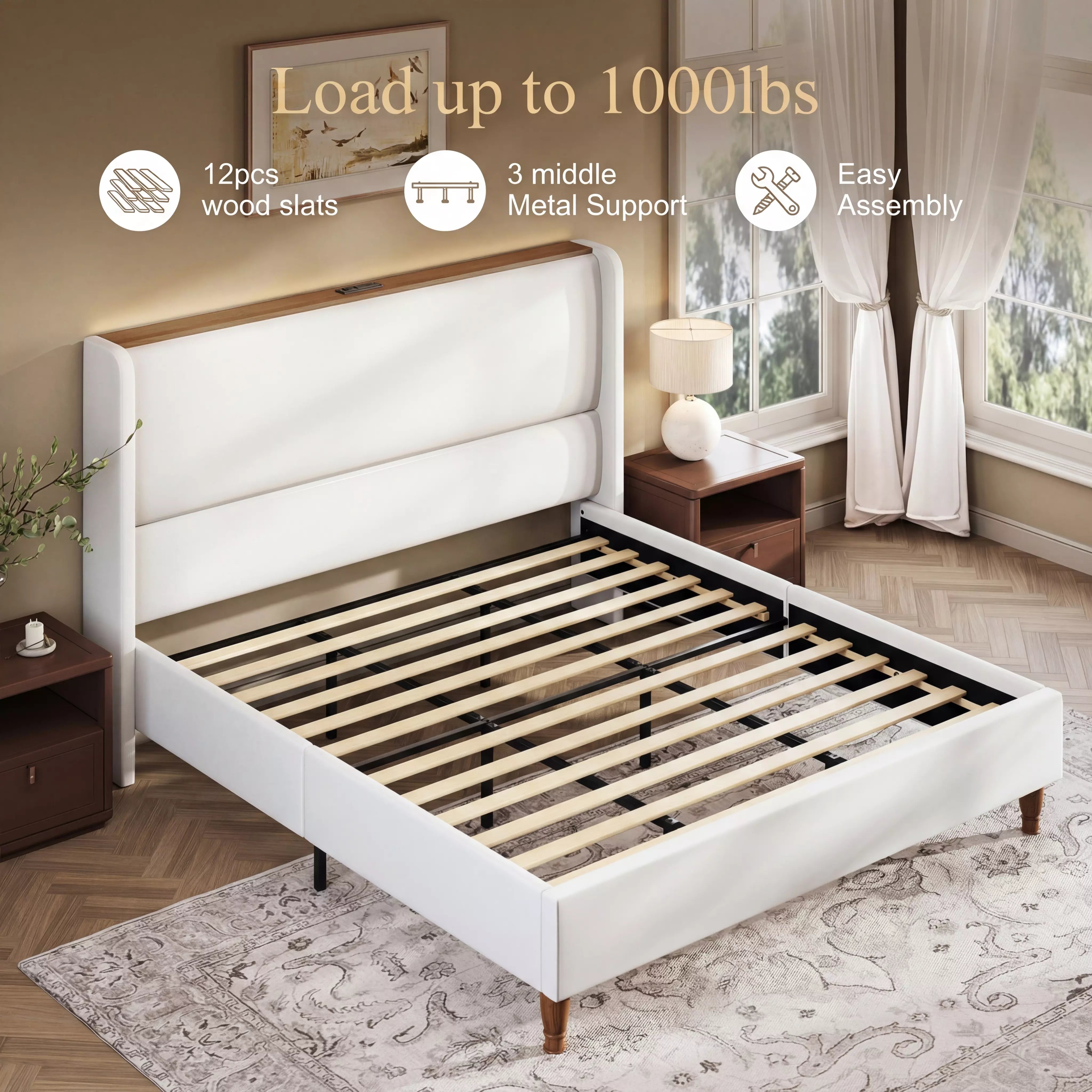White bed frame with wooden slats in a bedroom setting, featuring text on load capacity and assembly.