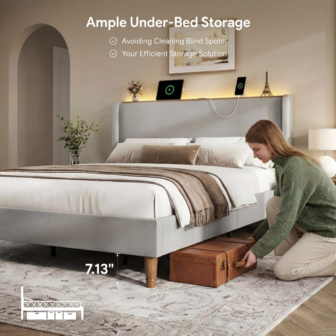 Arc Linen Tall Headbaord Storage Bed Frame with Led & Charging