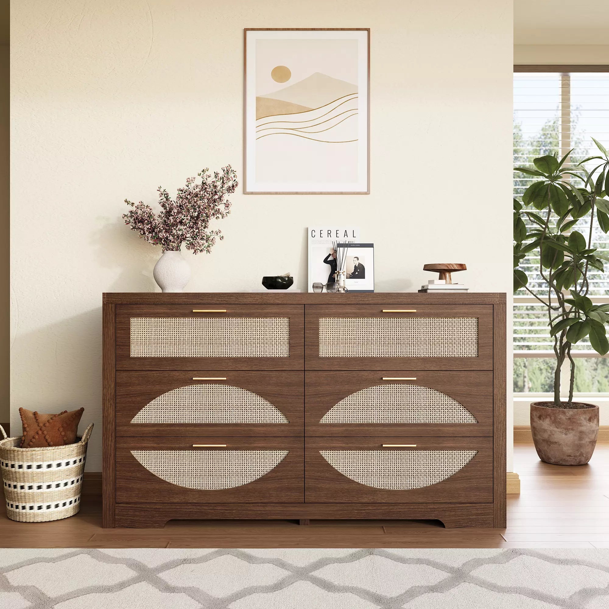 Arched Boho Rattan 6 Drawer Dressers-Walnet / Oak