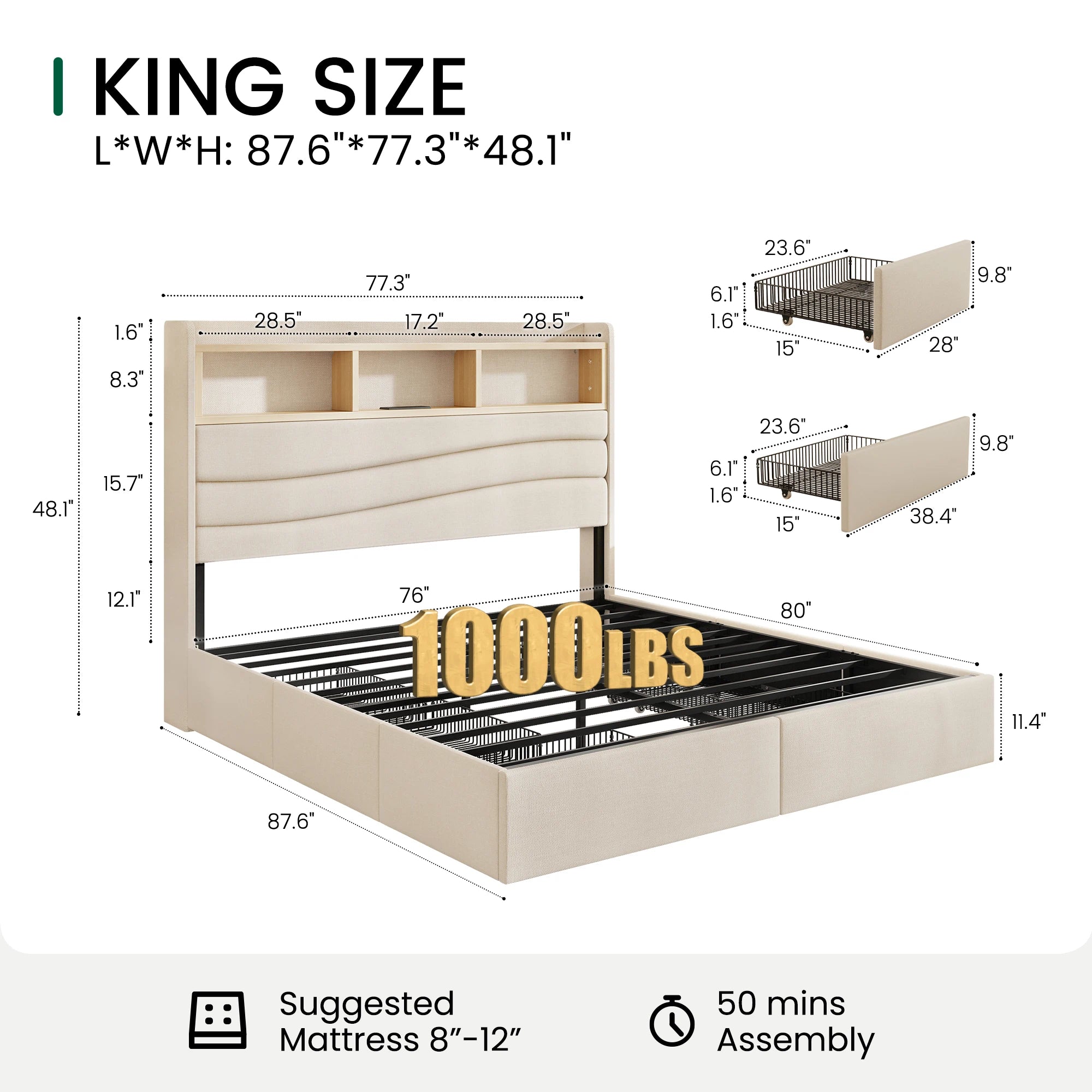 King size dimensions of the Aura beige upholstered storage platform bed frame with six drawers and an open shelf headboard.