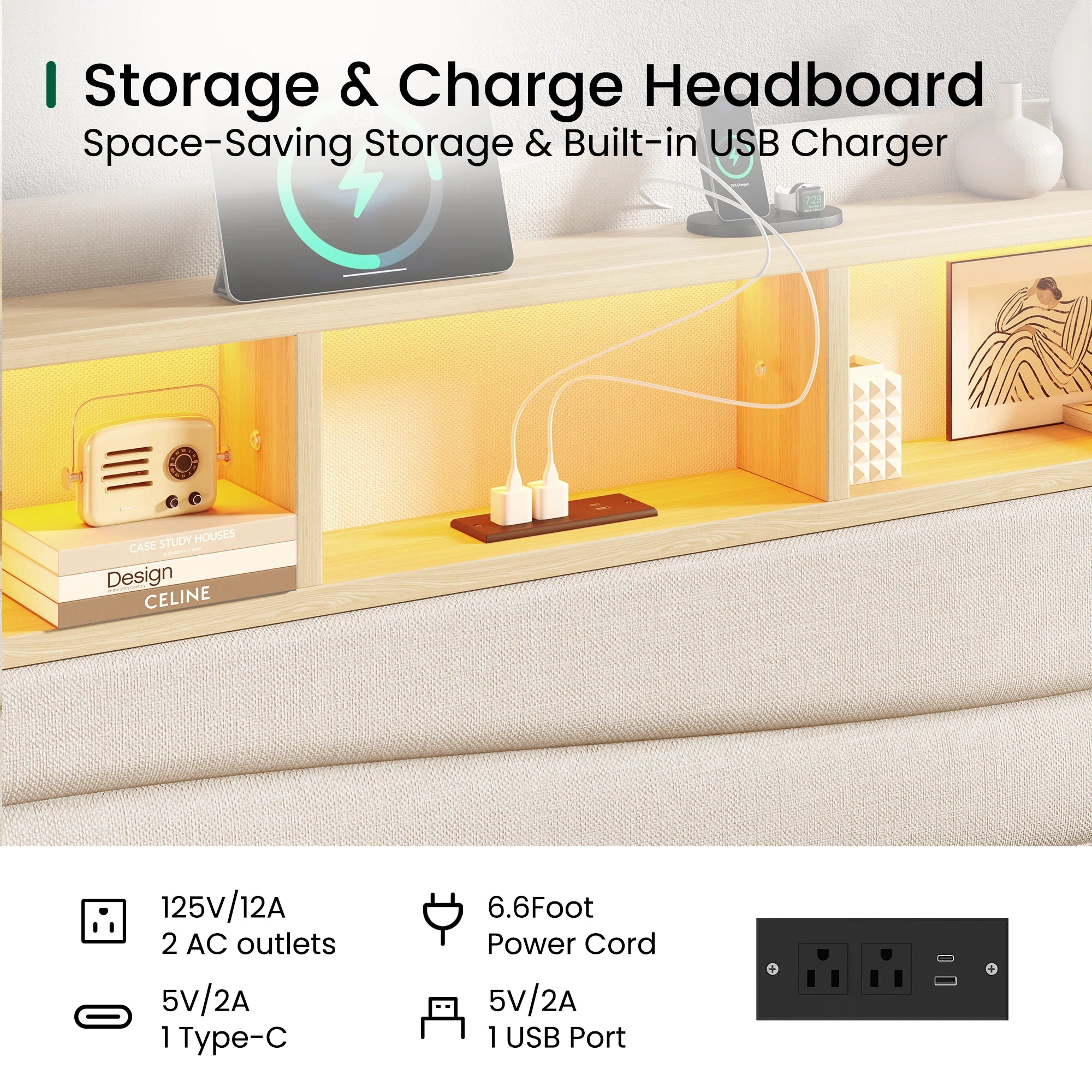 Close-up of the Aura beige upholstered bed frame with an open shelf headboard, two outlets, USB and USB-C charging.